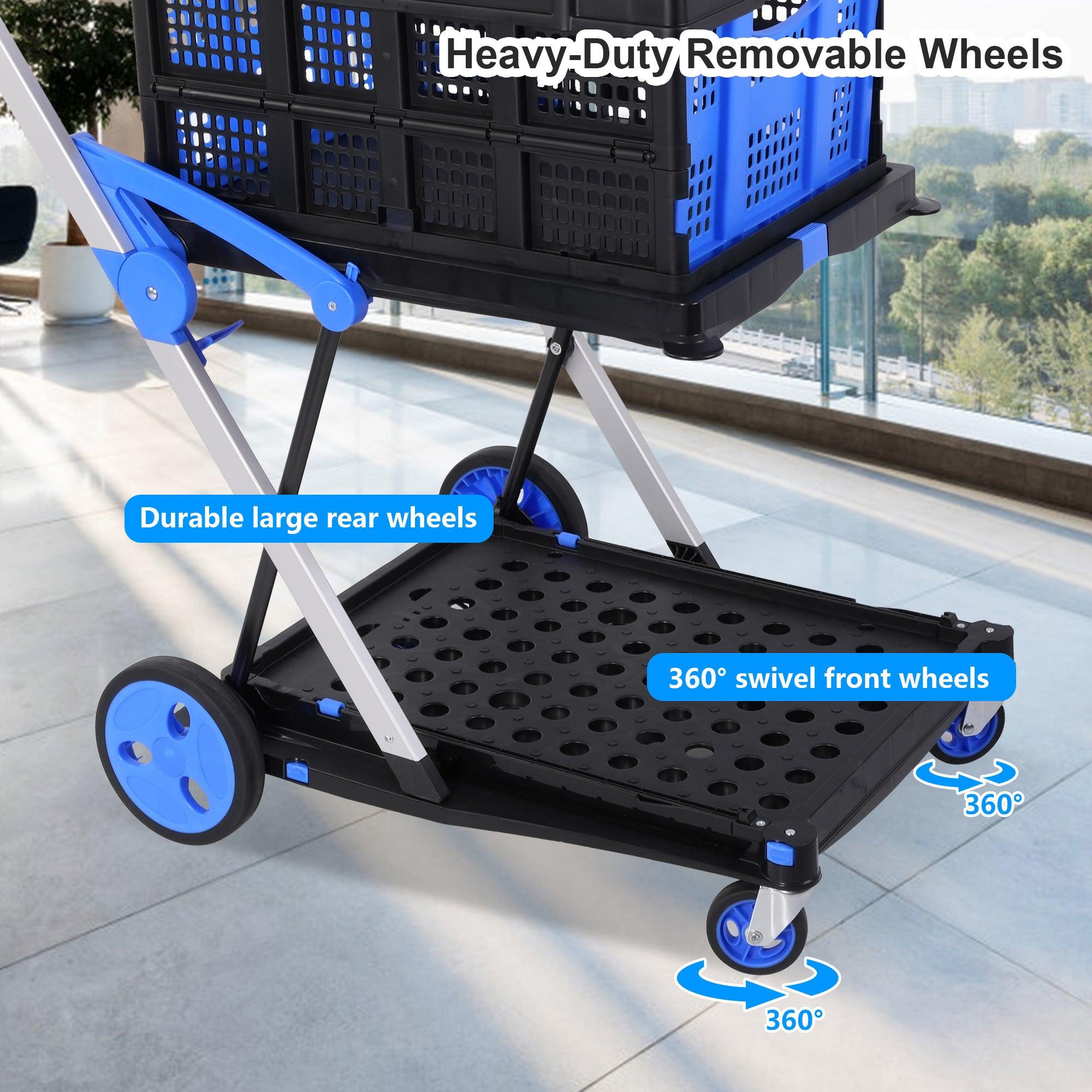 2-Tier Collapsible Cart with Crate Multi-Functional Foldable Trolley with Rolling Swivel Wheels - Bosonshop