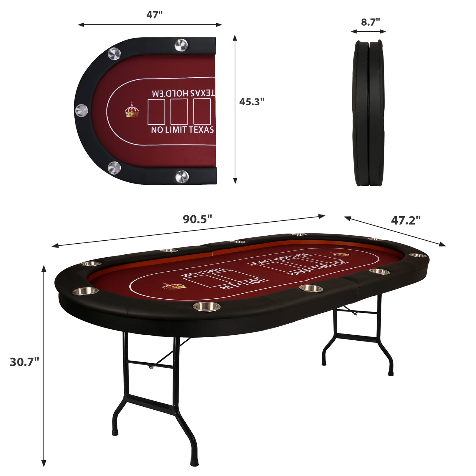 10 Players Folding Casart Poker Table Card Game Table with Metal Frame and 10 Cup Holders, Red - Bosonshop