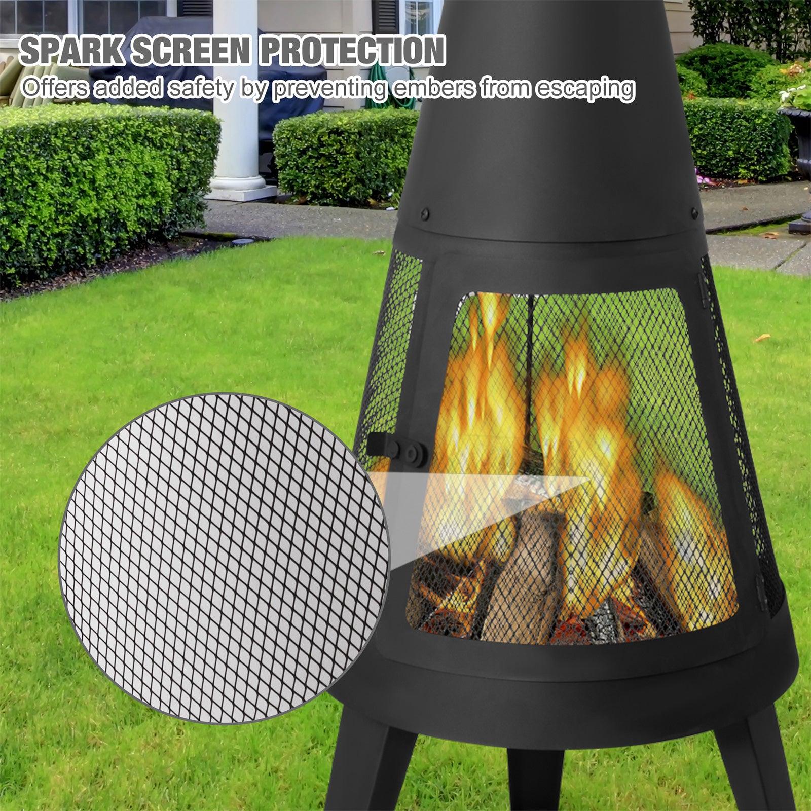 Chiminea Outdoor Fireplace 47.6" Metal Wood Burning Fire Pit with Log Grate, Black - Bosonshop