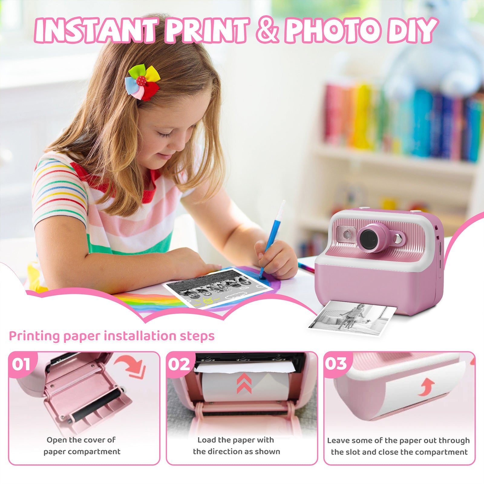 Instant Print Camera for Kids, Dual-Lens 48MP Digital Camera 2.4 Inch Screen with 3 Rolls Paper, Pink - Bosonshop