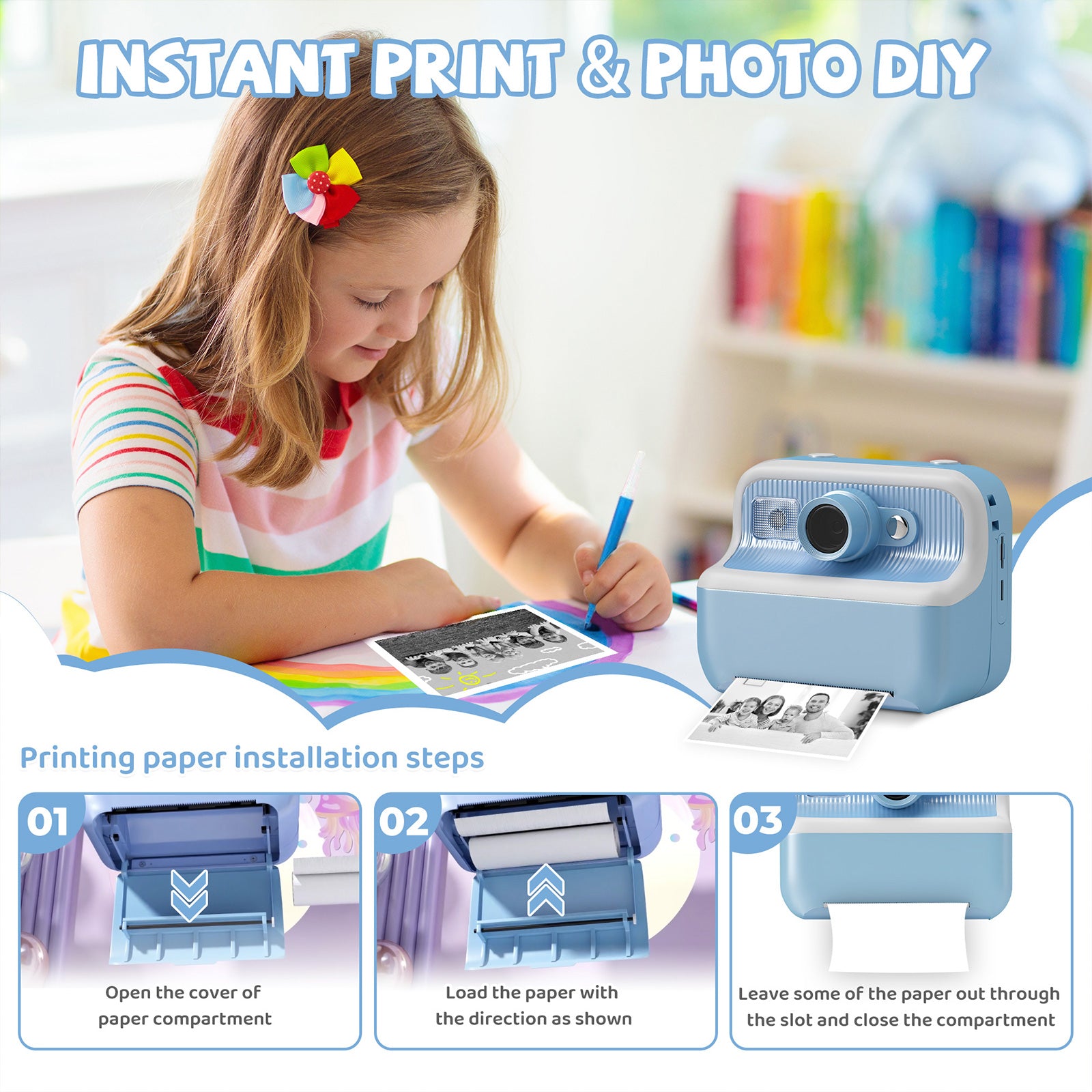 Instant Print Camera for Kids, Dual-Lens 48MP Digital Camera 2.4 Inch Screen with 3 Rolls Paper, Blue - Bosonshop