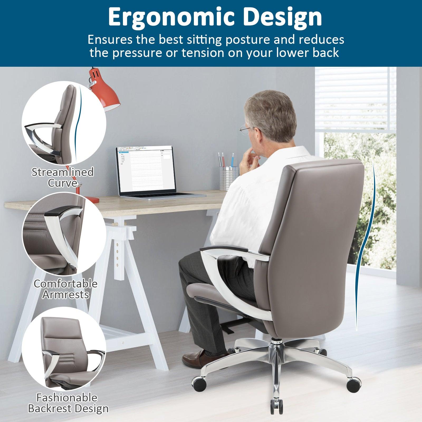 Executive Office Chair, Ergonomic Leather Office Chair Gray Office Chair with Adjustable Height and Tilt Function, 360° Swivel, Computer Office Chair - Bosonshop