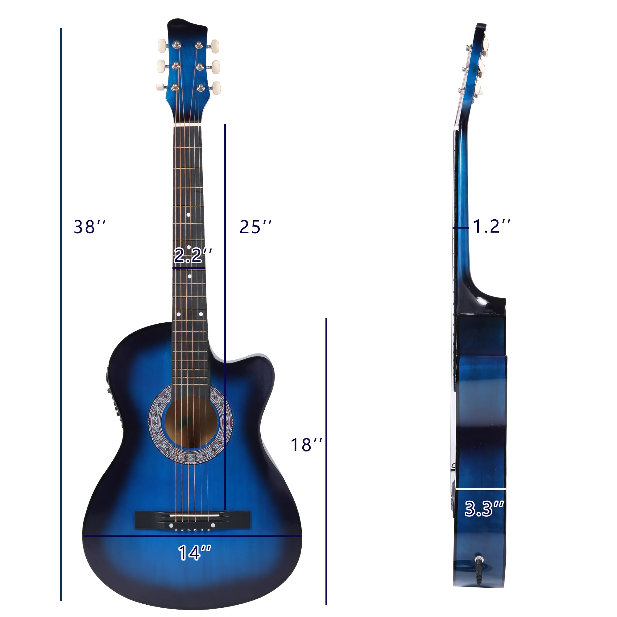 38" Acoustic Electric Guitar All wood Cutaway Beginner Guitar Package with 4-Band EQ Case, Strap, Picks, Tune - Bosonshop