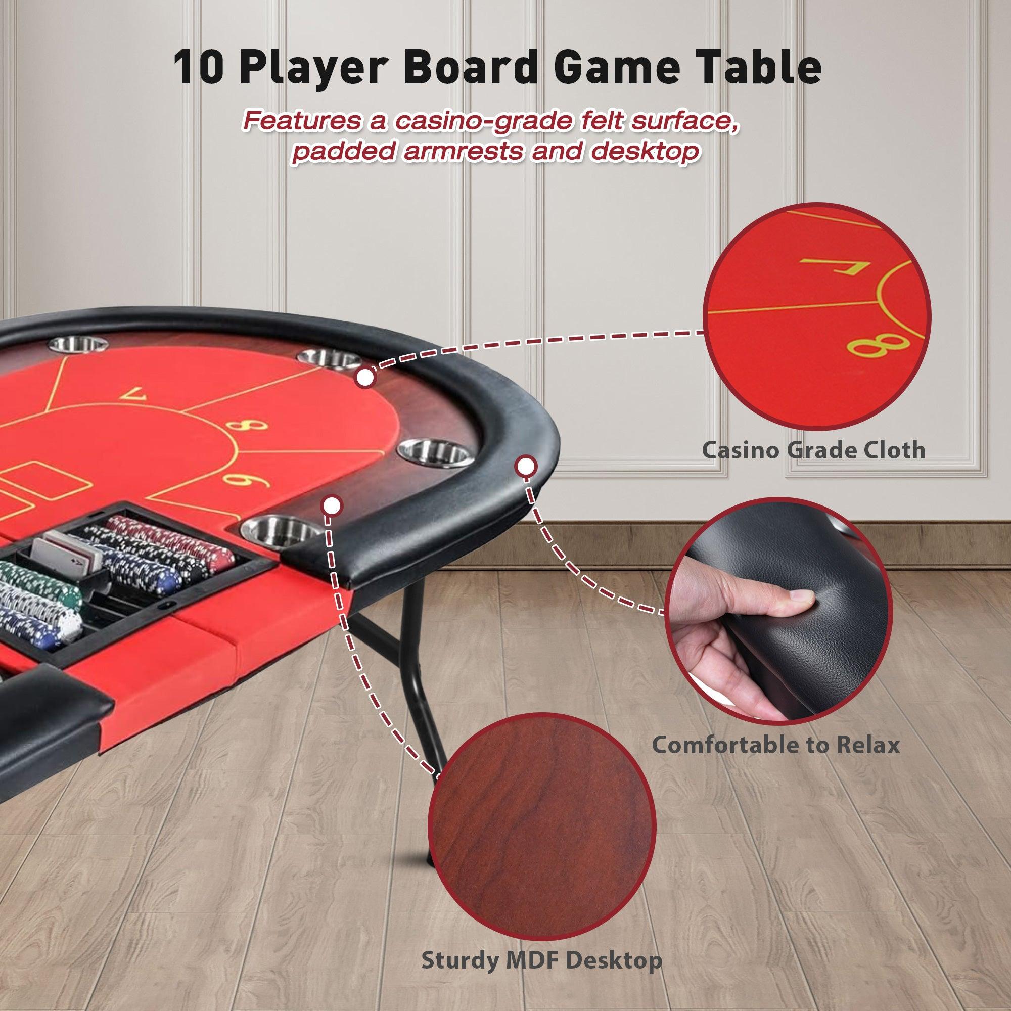 10 Players Foldable Poker Texas Holdem Table with Stainless Steel Cup Holders Padded Rails, Red - Bosonshop