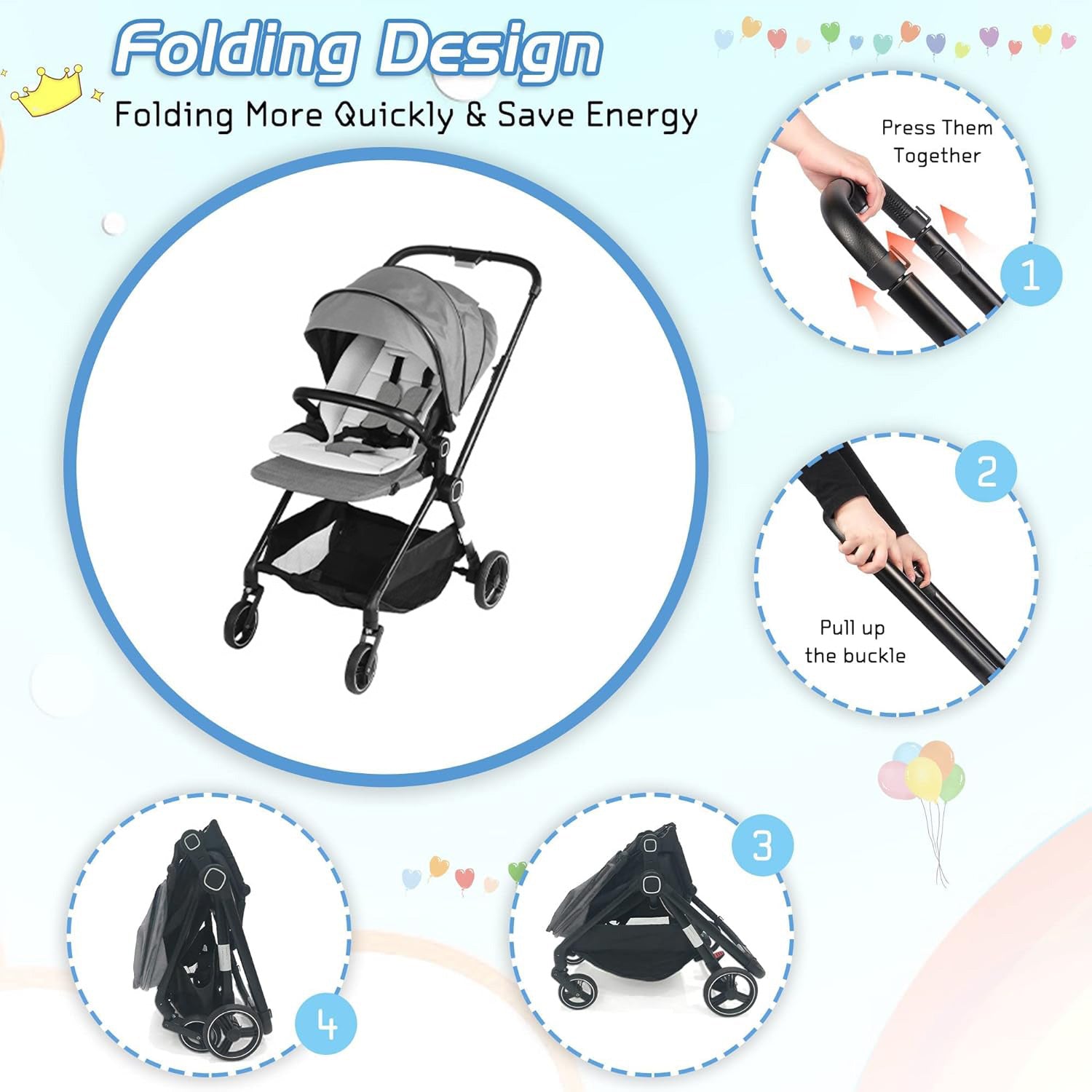 2 in 1 Convertible Baby Stroller Carriage Bassinet to Stroller Adjustable Footrest & Canopy, 5-Point Seat Belt, Lightweight Aluminum Frame, Gray - Bosonshop