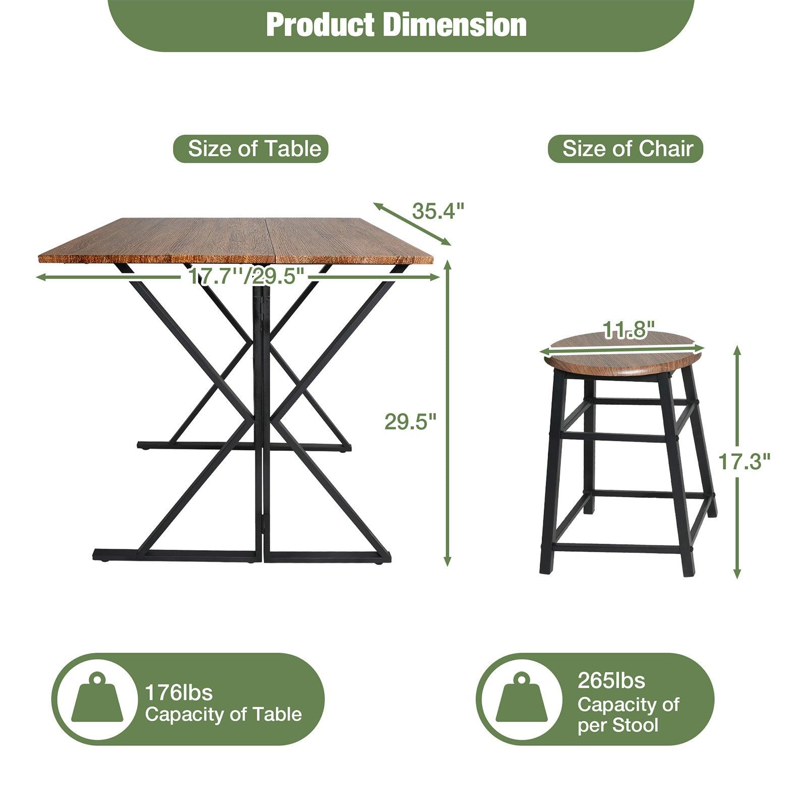 Mid Century Drop Leaf Table Set, 35.4" Drop Leaf Table for Small Space with 2 Stools - Bosonshop