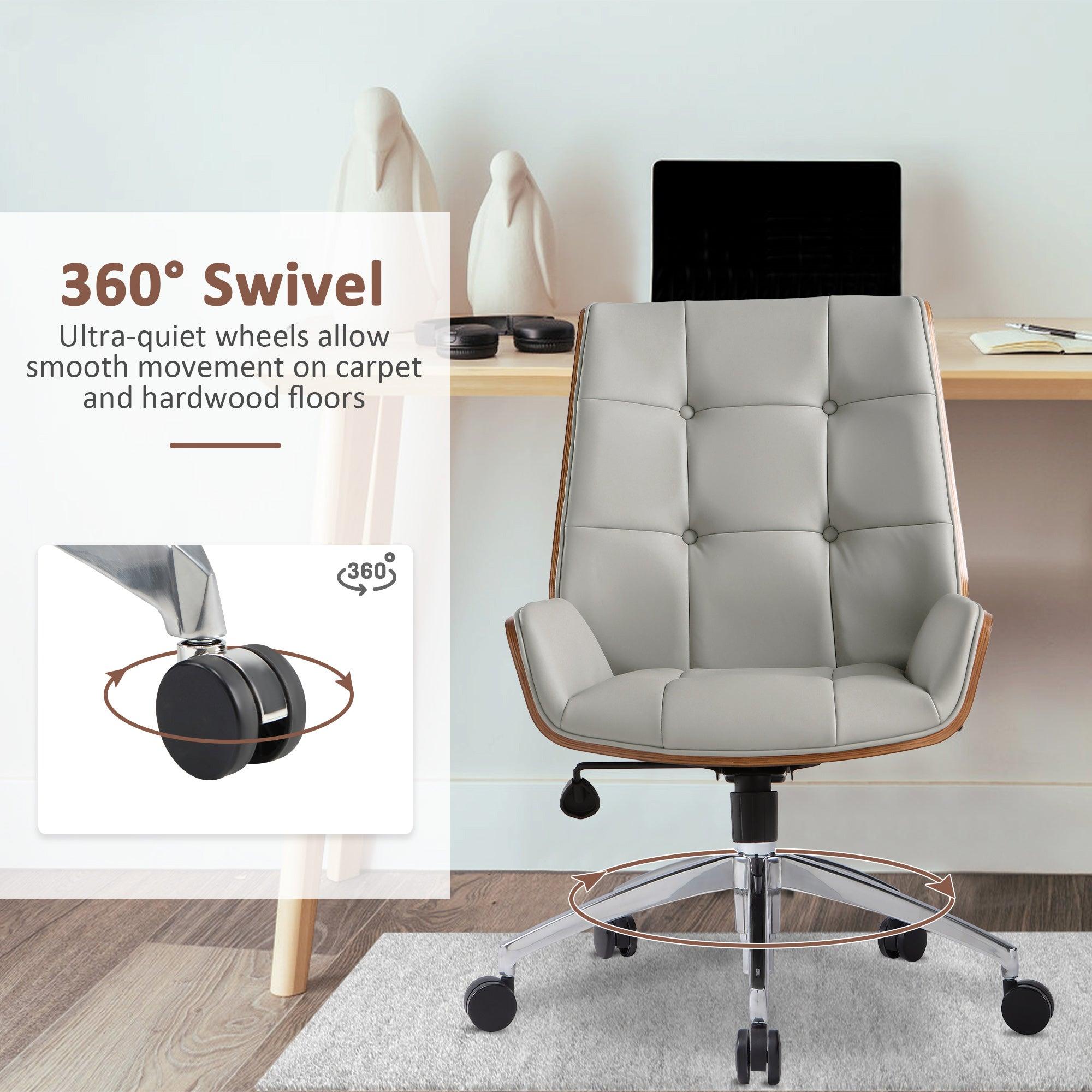 Executive Office Chair with Adjustable Height, Tilt Function, Solid Wood Arms and Base, 360° Swivel - Leather Office Chair for Office and Home Work in Grey - Bosonshop