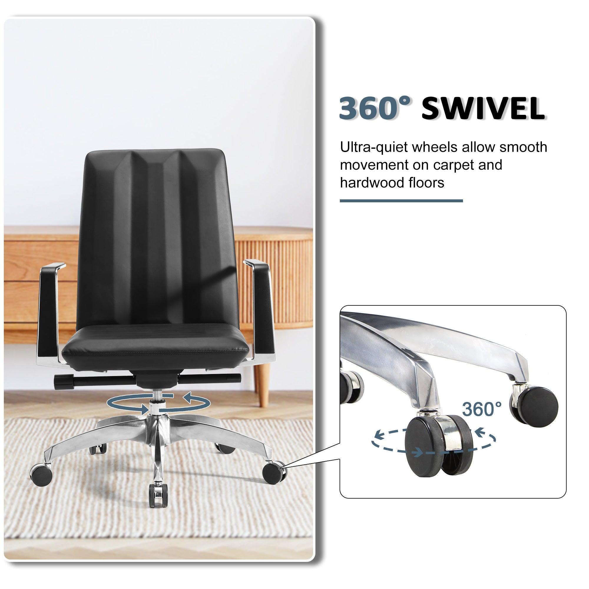 Low Back Chair, Ergonomic Leather Office Chair, Office Chair with Adjustable Height and Tilt Function, 360° Swivel, Large Tall Computer Chair, Black - Bosonshop