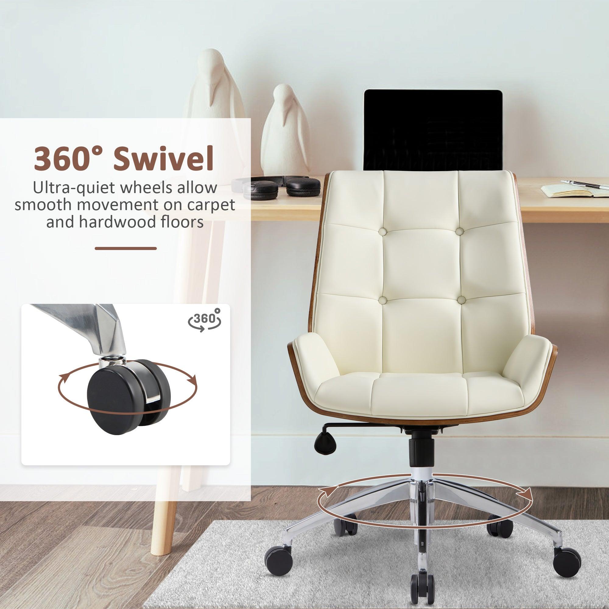 Executive Office Chair with Adjustable Height, Tilt Function, Solid Wood Arms and Base, 360° Swivel - Leather Office Chair for Office and Home Work in White - Bosonshop