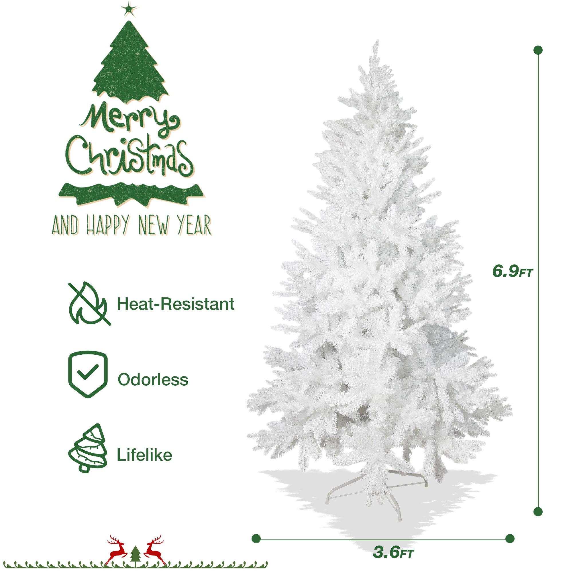 6.9' White Artificial Christmas Pine Tree Xmas Tree with 1150 Branch Tips Metal Stand - Bosonshop