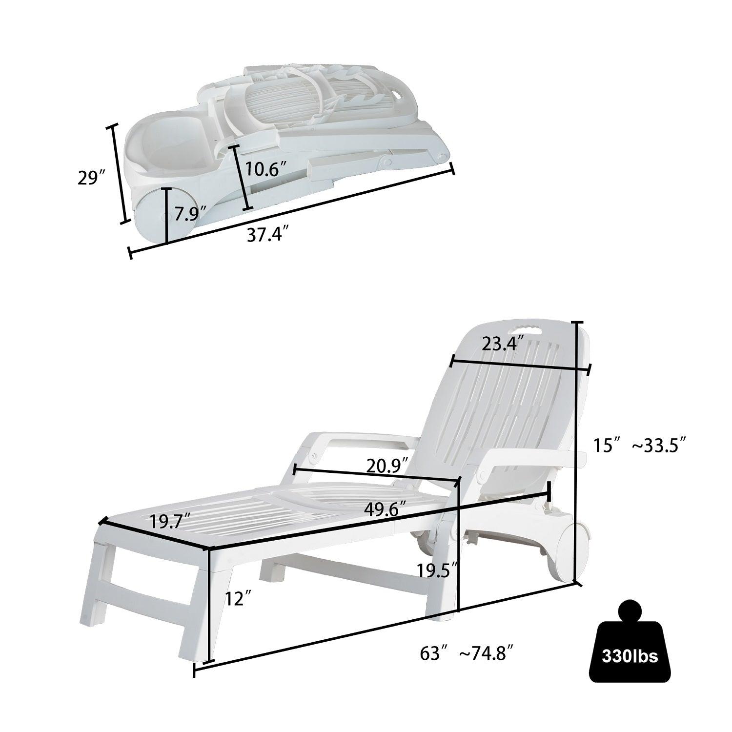 Folding Lounger, Foldable Beach Lounger with Storage Space, Plastic Lounger Backrest with Four Special Adjustable Angle, with Wheels - Bosonshop