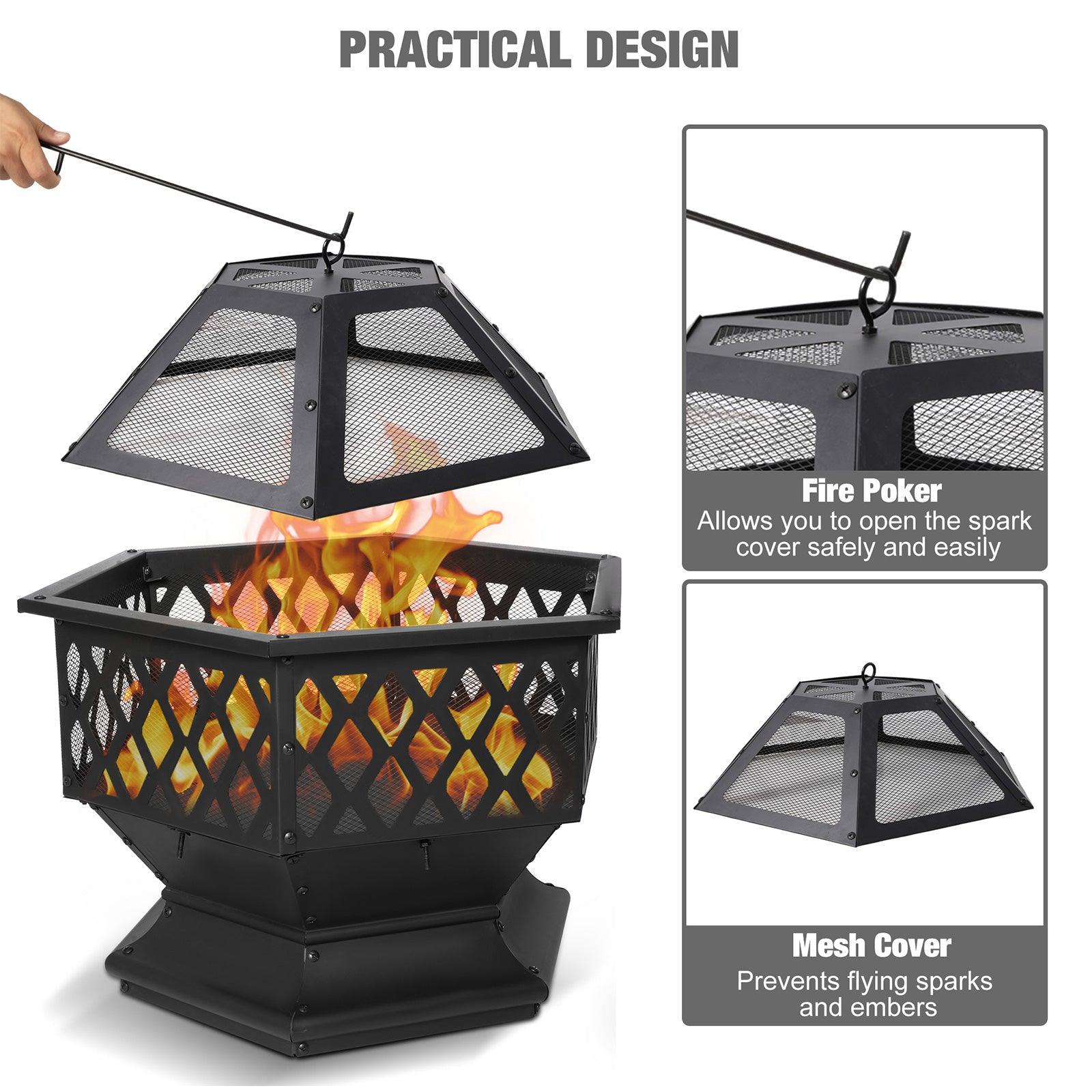 Hex Outdoor Wood Burning Fire Pit 27.6" Patio Fireplace with Spark Screen and Poker - Bosonshop