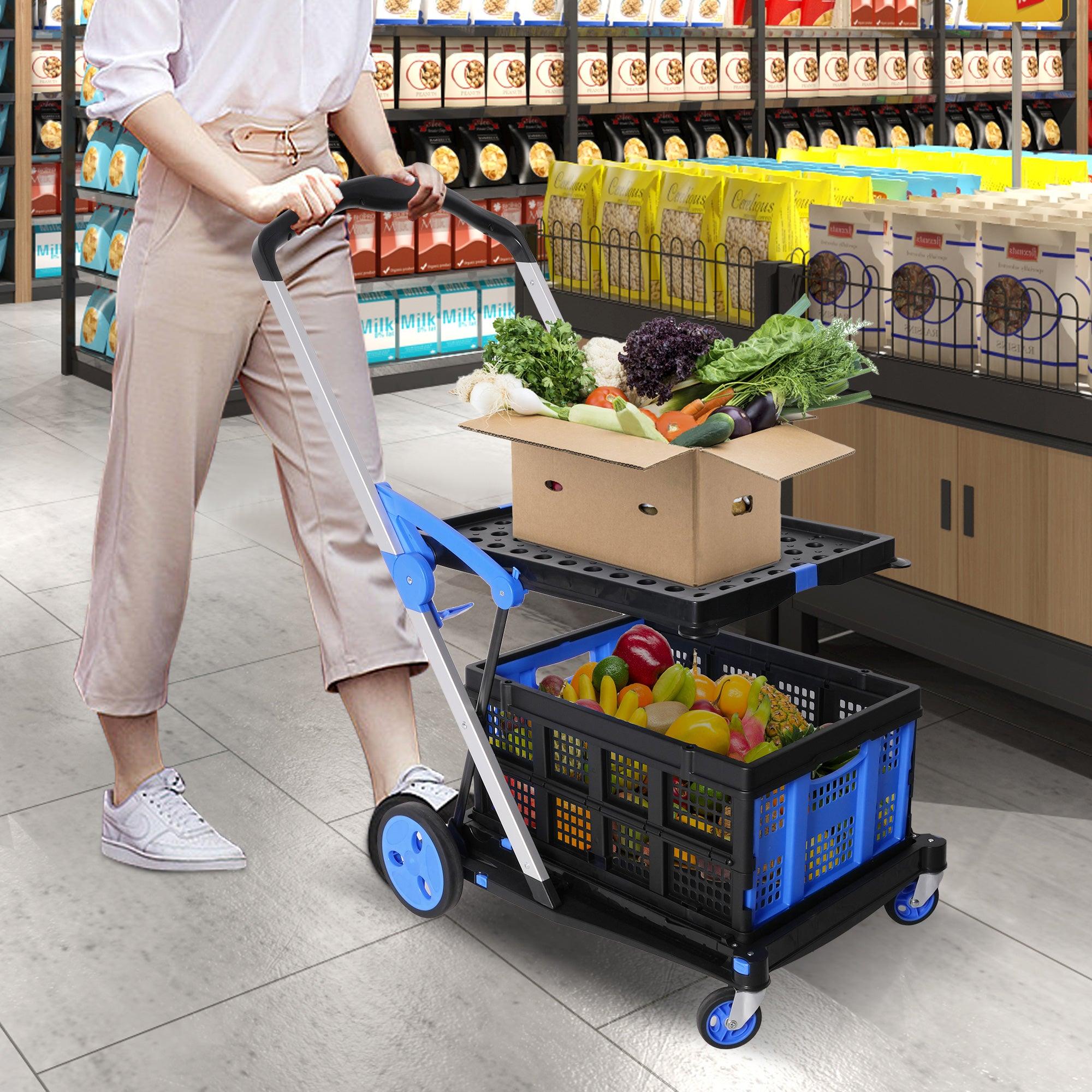 2-Tier Collapsible Cart with Crate Multi-Functional Foldable Trolley with Rolling Swivel Wheels - Bosonshop