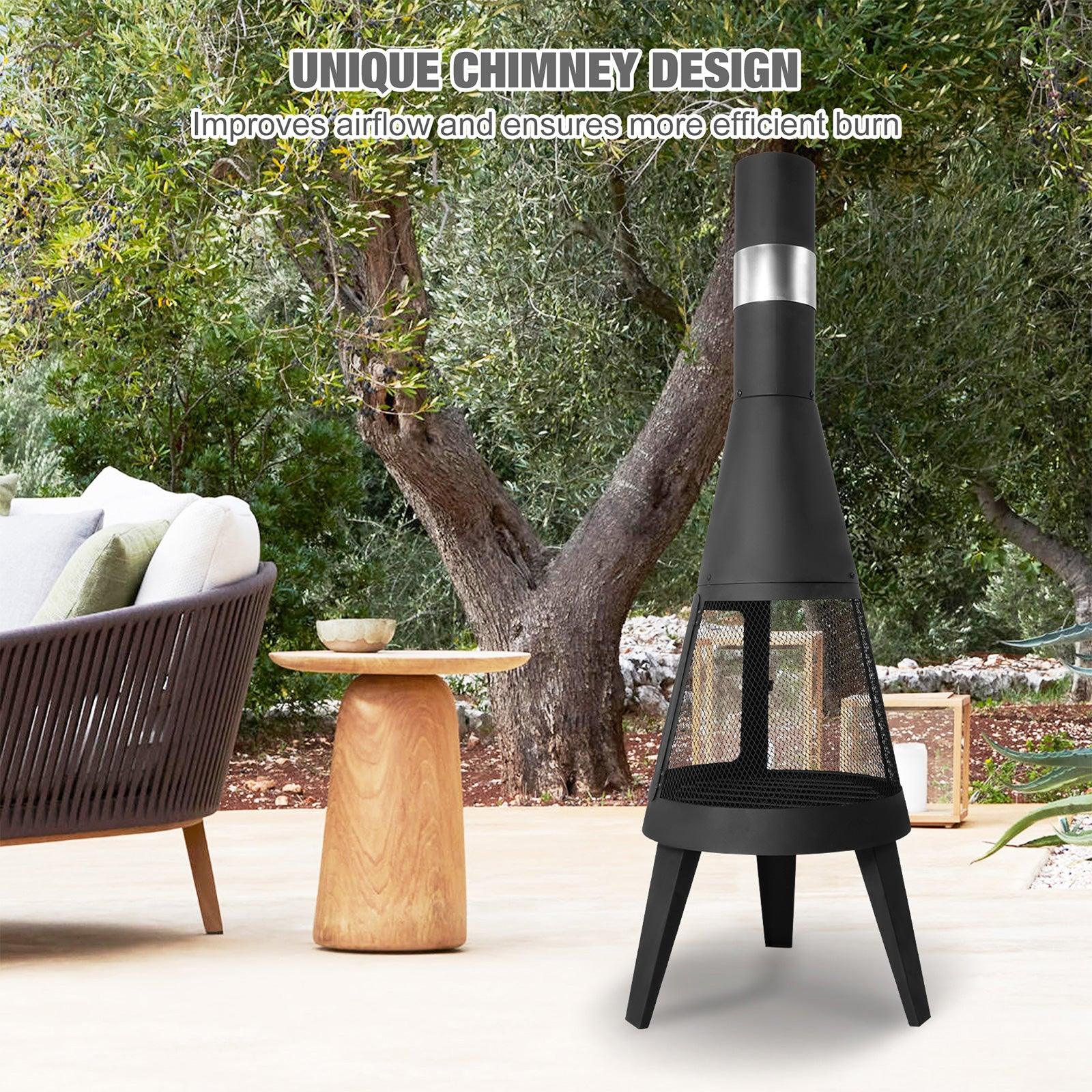 Chiminea Outdoor Fireplace 47.6" Metal Wood Burning Fire Pit with Log Grate, Black - Bosonshop