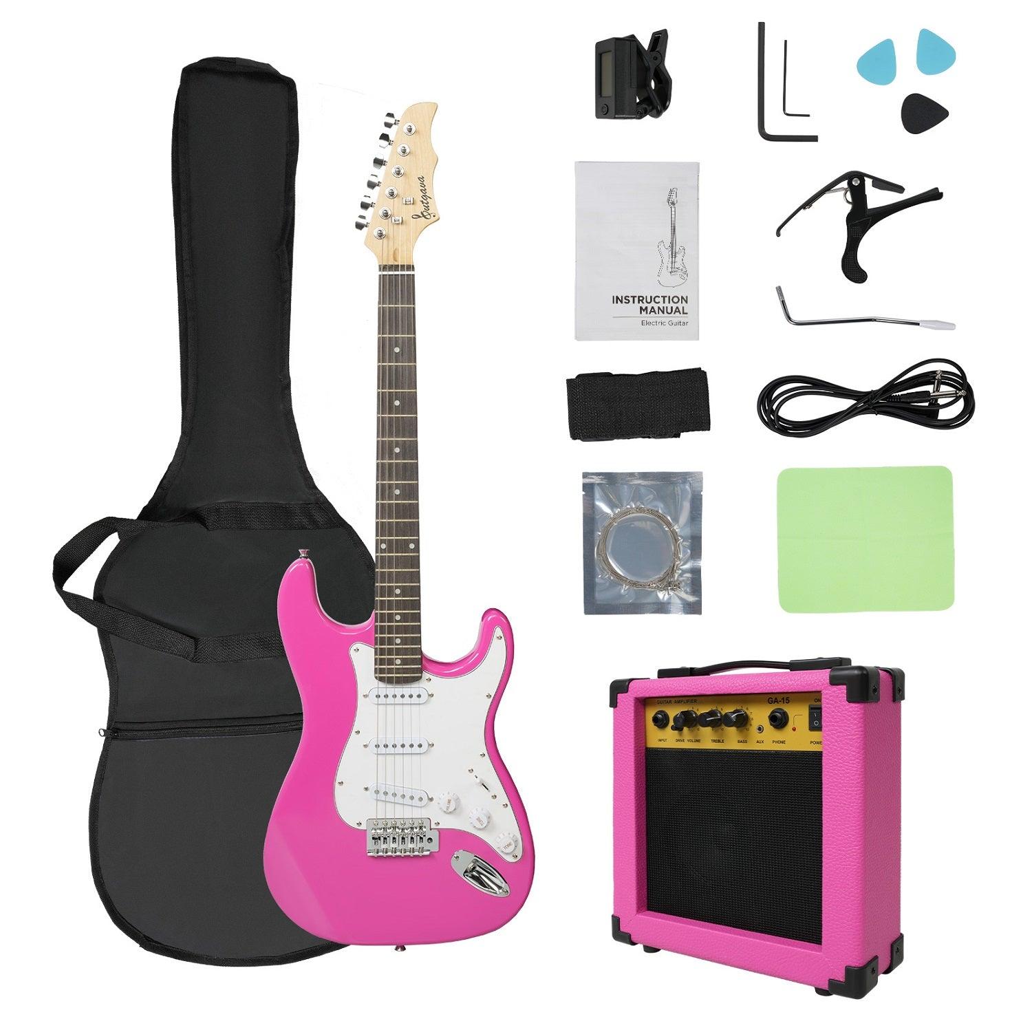 Entry Level Electric Guitar Set, 39" Teenage Electric Guitar w/ 15W Amplifier, Carrier Bag, Tuner, Strings, Picks, Cable, Pink - Bosonshop