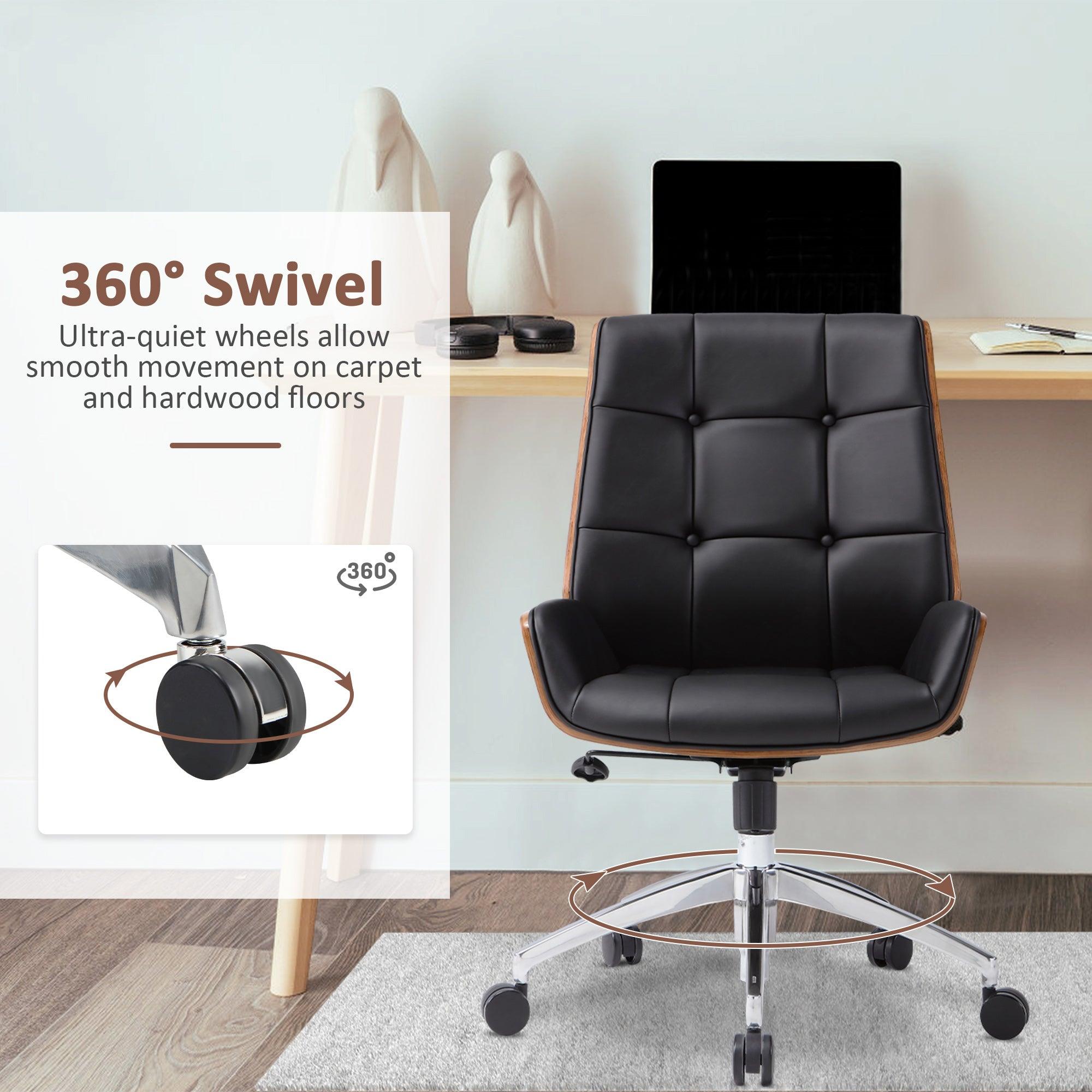 Executive Office Chair with Adjustable Height, Tilt Function, Solid Wood Arms and Base, 360° Swivel - Leather Office Chair for Office and Home Work in Black - Bosonshop