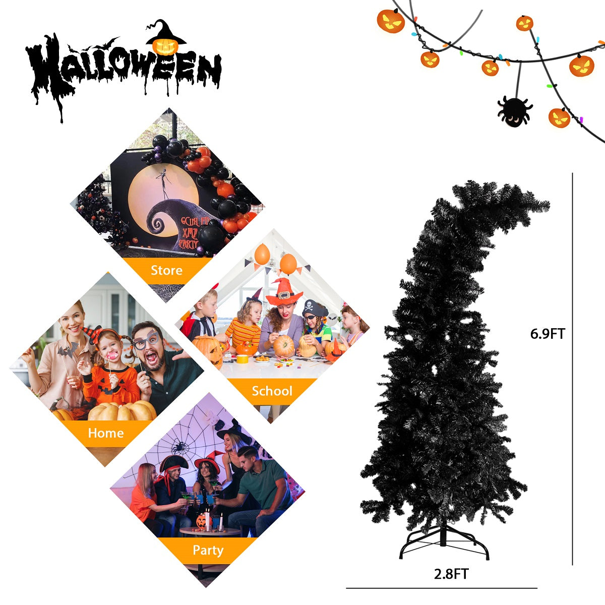 6.9ft Black Bendable Santa Hat Style Halloween Tree Artificial Christmas Tree Xmas, 1050 Branch Tips, Metal Frame - Bosonshop