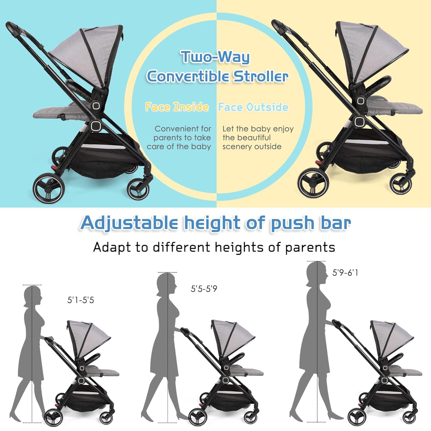 2 in 1 Convertible Baby Stroller Carriage Bassinet to Stroller Adjustable Footrest & Canopy, 5-Point Seat Belt, Lightweight Aluminum Frame, Gray - Bosonshop