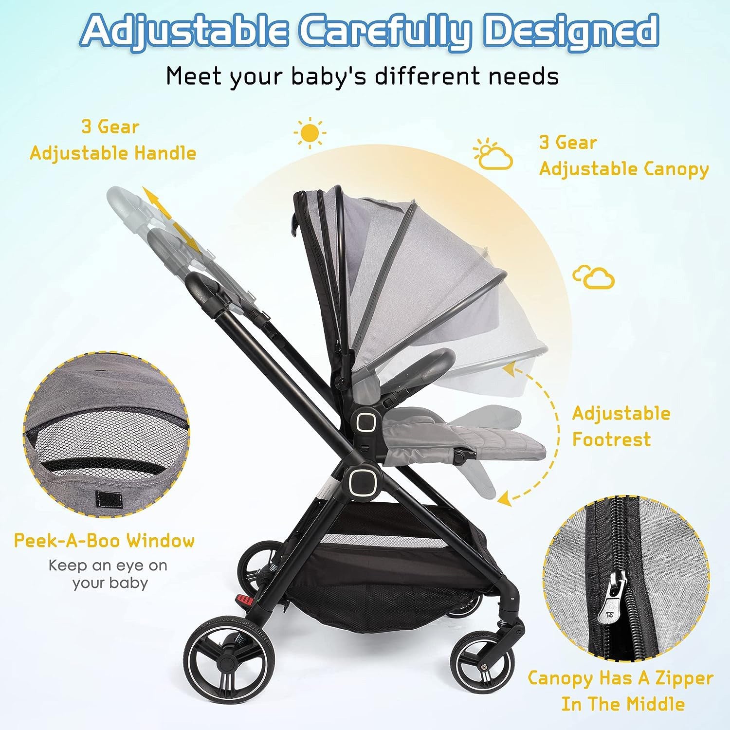 2 in 1 Convertible Baby Stroller Carriage Bassinet to Stroller Adjustable Footrest & Canopy, 5-Point Seat Belt, Lightweight Aluminum Frame, Gray - Bosonshop