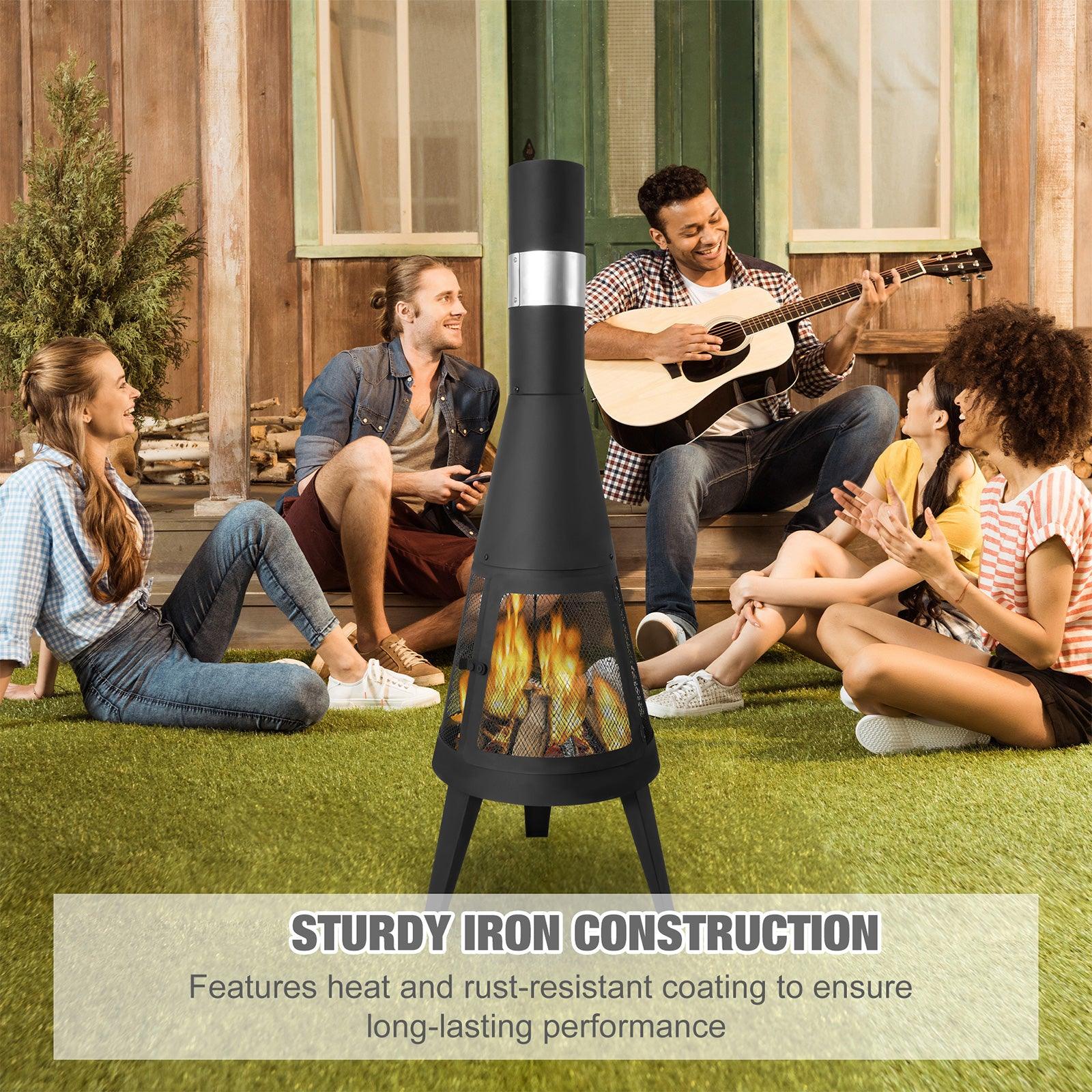 Chiminea Outdoor Fireplace 47.6" Metal Wood Burning Fire Pit with Log Grate, Black - Bosonshop