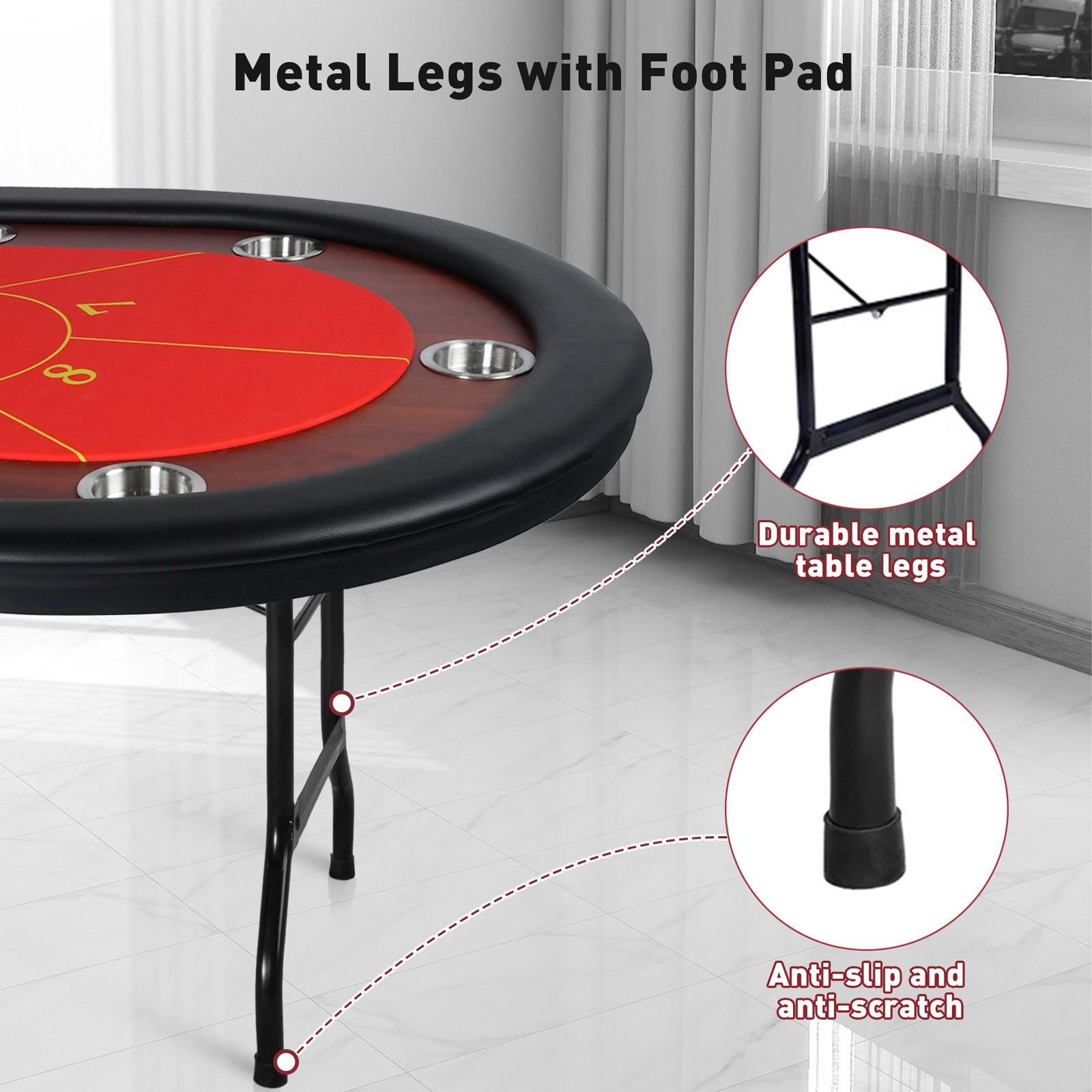 10 Players Foldable Poker Texas Holdem Table with Stainless Steel Cup Holders Padded Rails, Red - Bosonshop