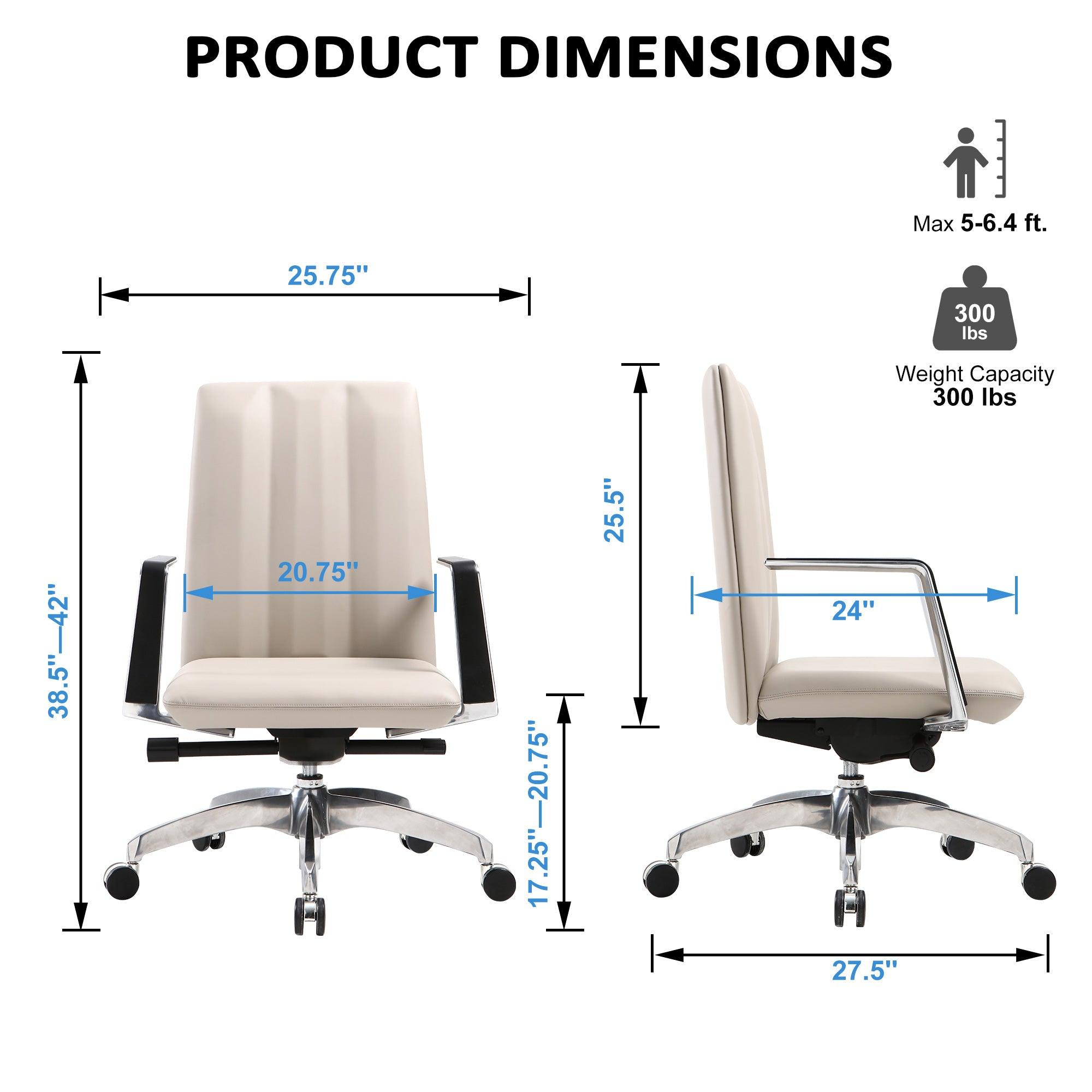 Low Back Chair, Ergonomic Leather Office Chair, Office Chair with Adjustable Height and Tilt Function, 360° Swivel, Large Tall Computer Chair, White - Bosonshop