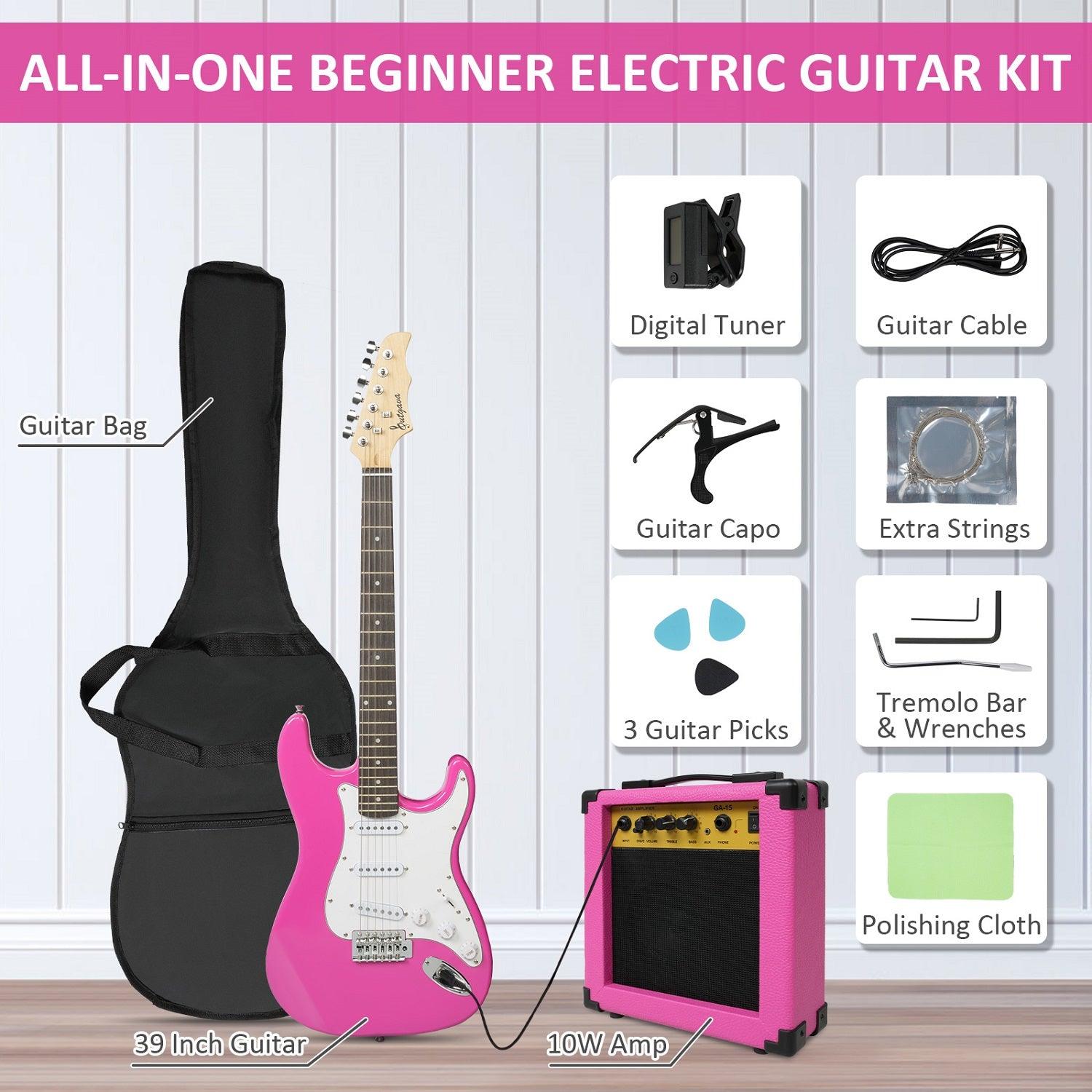 Entry Level Electric Guitar Set, 39" Teenage Electric Guitar w/ 15W Amplifier, Carrier Bag, Tuner, Strings, Picks, Cable, Pink - Bosonshop