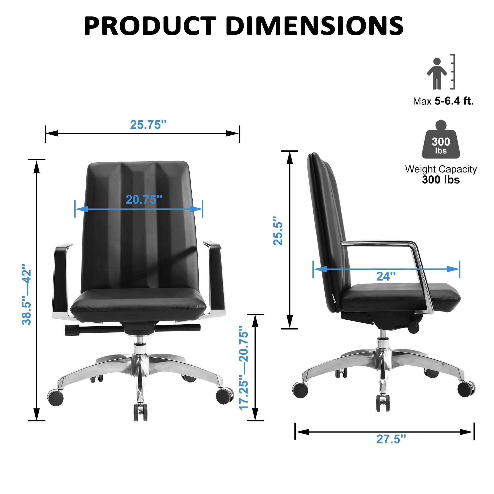 Low Back Chair, Ergonomic Leather Office Chair, Office Chair with Adjustable Height and Tilt Function, 360° Swivel, Large Tall Computer Chair, Black - Bosonshop