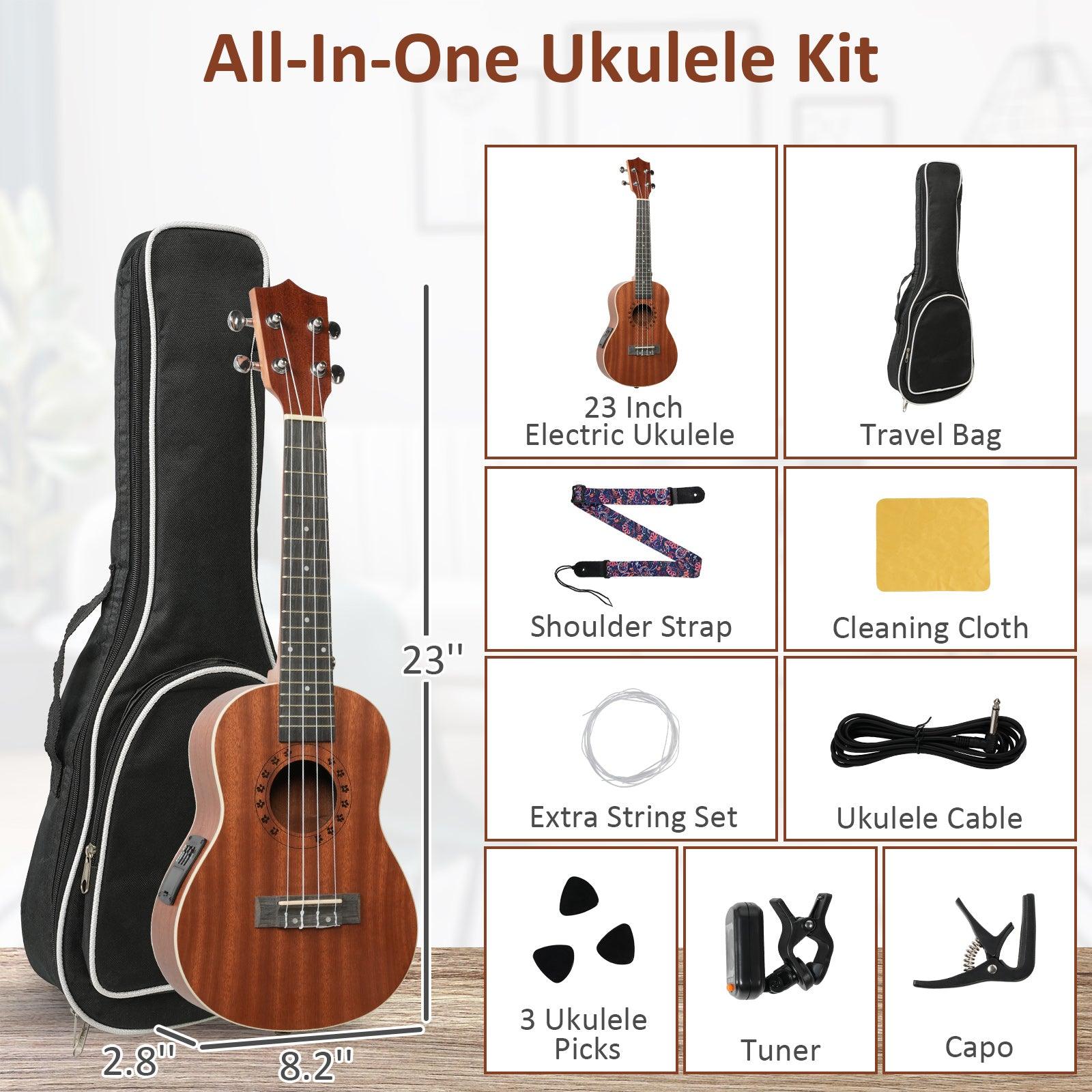 23-inch Mahogany Wood Ukulele, Wooden Electric Ukulele Starter for Adult Practice or Performance, with Tuner Tape and Full Accessories - Bosonshop