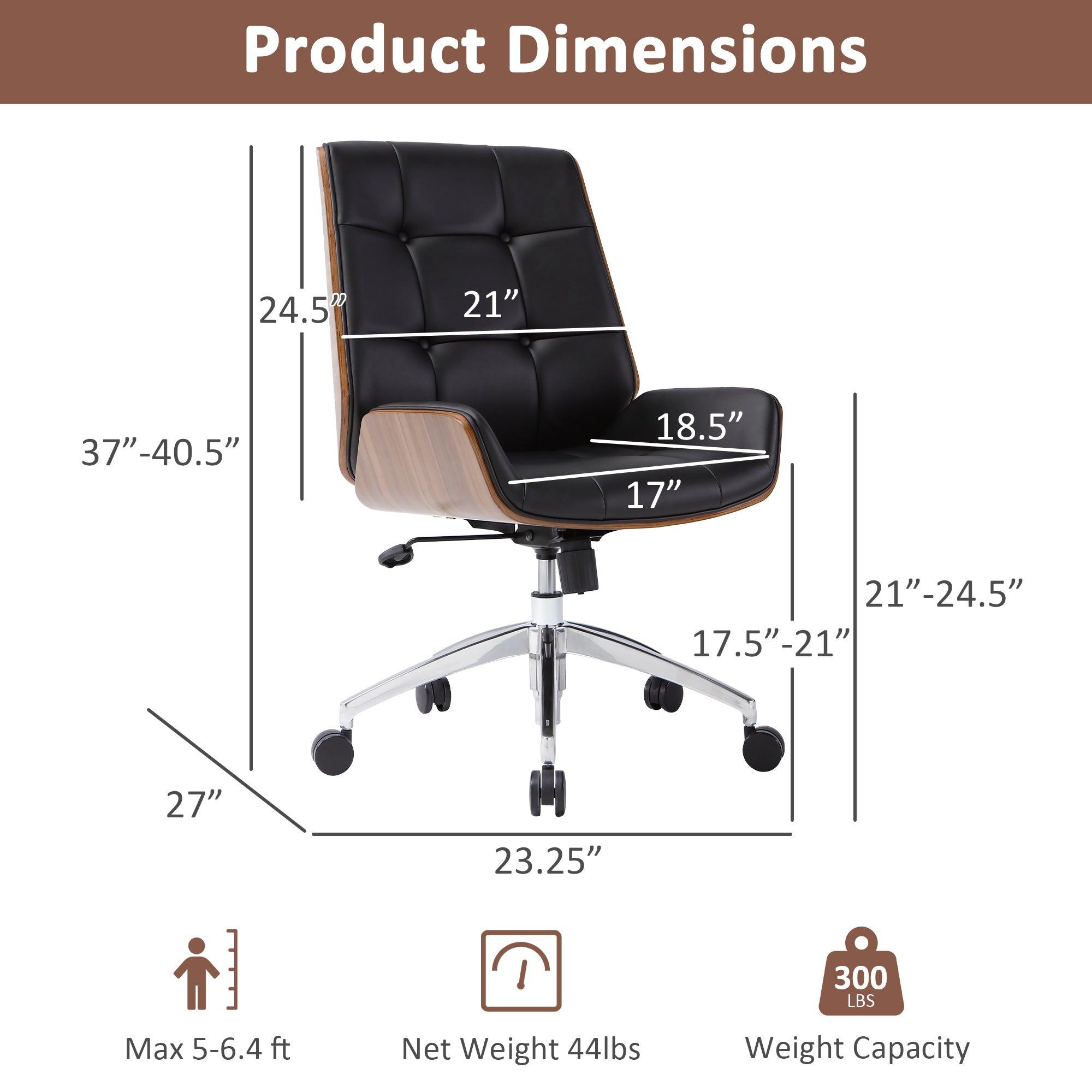 Executive Office Chair with Adjustable Height, Tilt Function, Solid Wood Arms and Base, 360° Swivel - Leather Office Chair for Office and Home Work in Black - Bosonshop