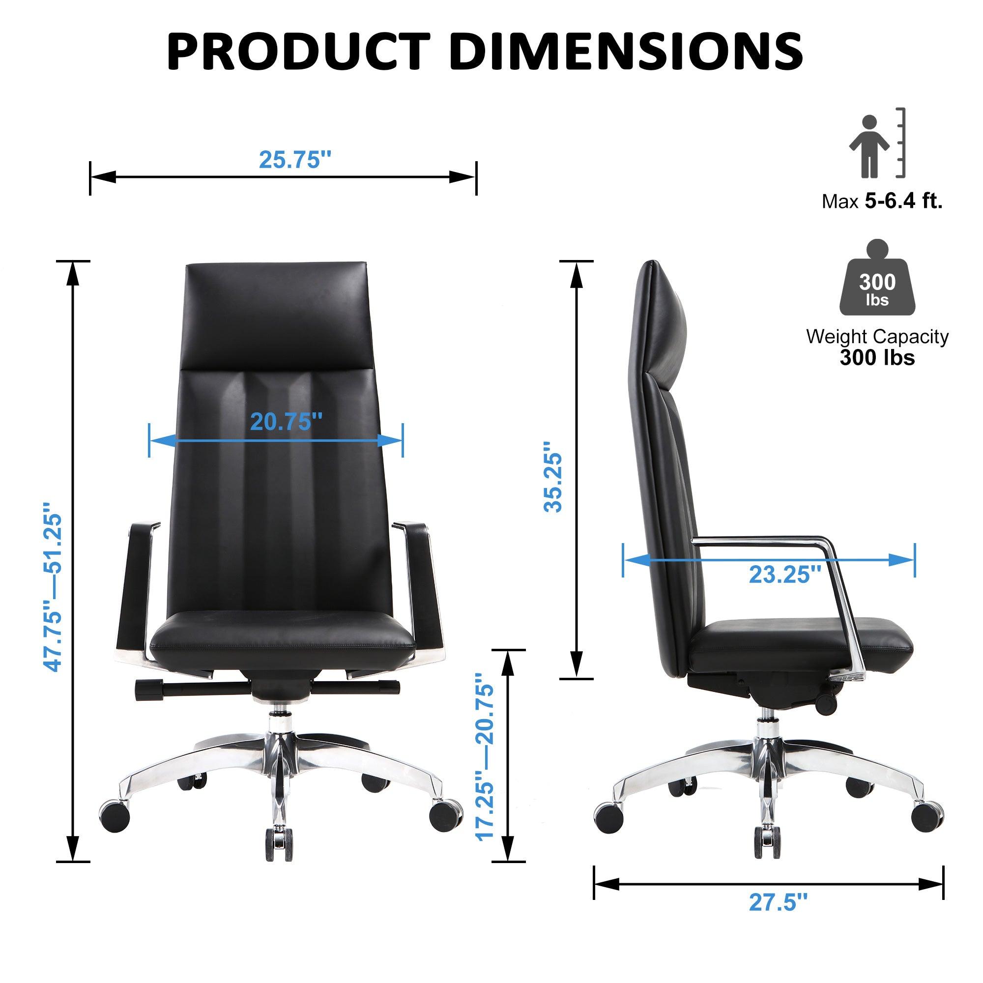 High Back Chair, Ergonomic Leather Office Chair, Office Chair with Adjustable Height and Tilt Function, 360° Swivel, Large Tall Computer Chair, Black - Bosonshop