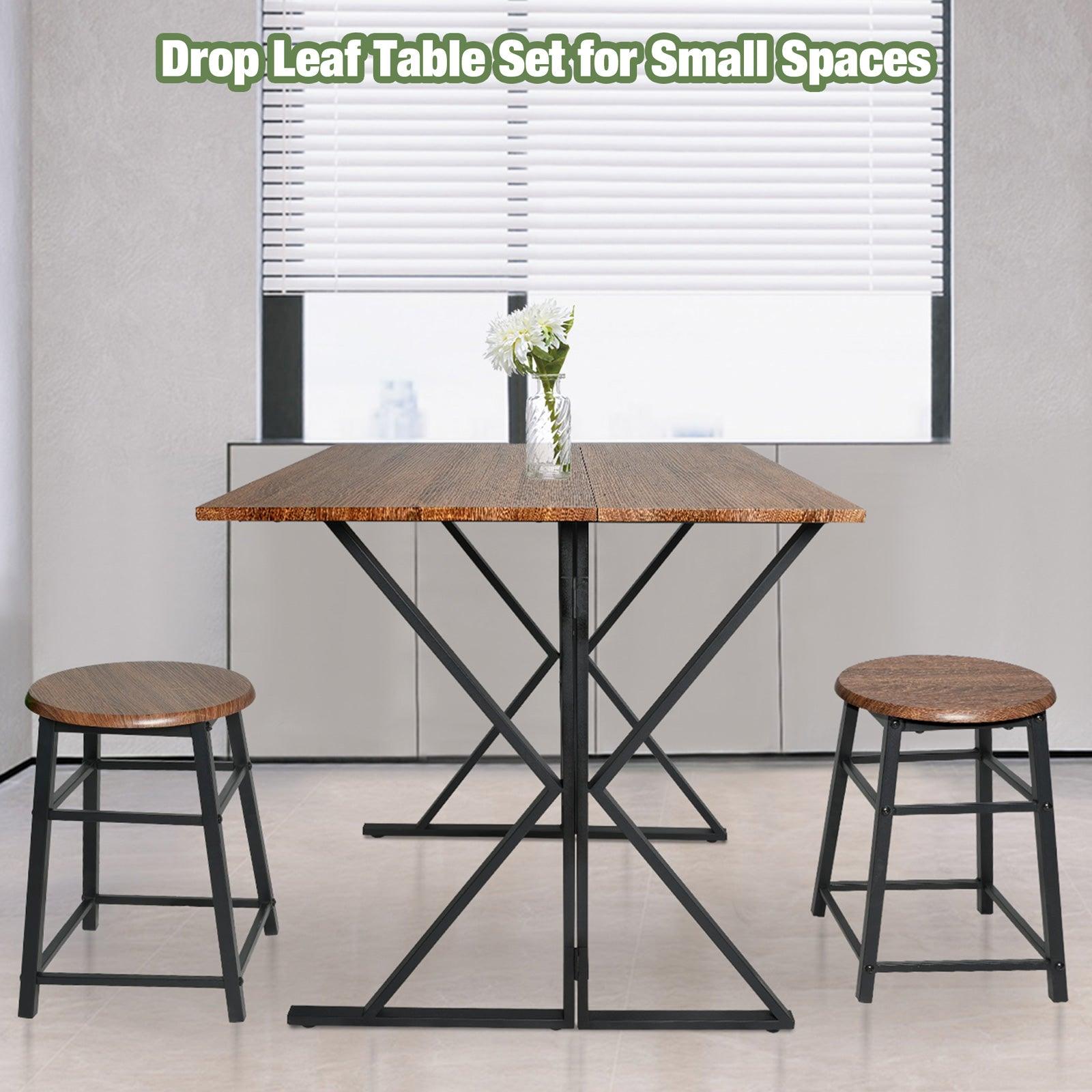 Mid Century Drop Leaf Table Set, 35.4" Drop Leaf Table for Small Space with 2 Stools - Bosonshop