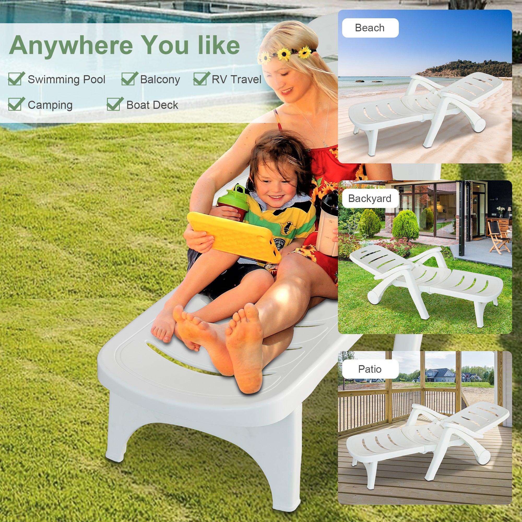 Outdoor Chaise Lounge Patio Pool Lounge Chairs with 5 Level Adjustable and Wheels, White - Bosonshop