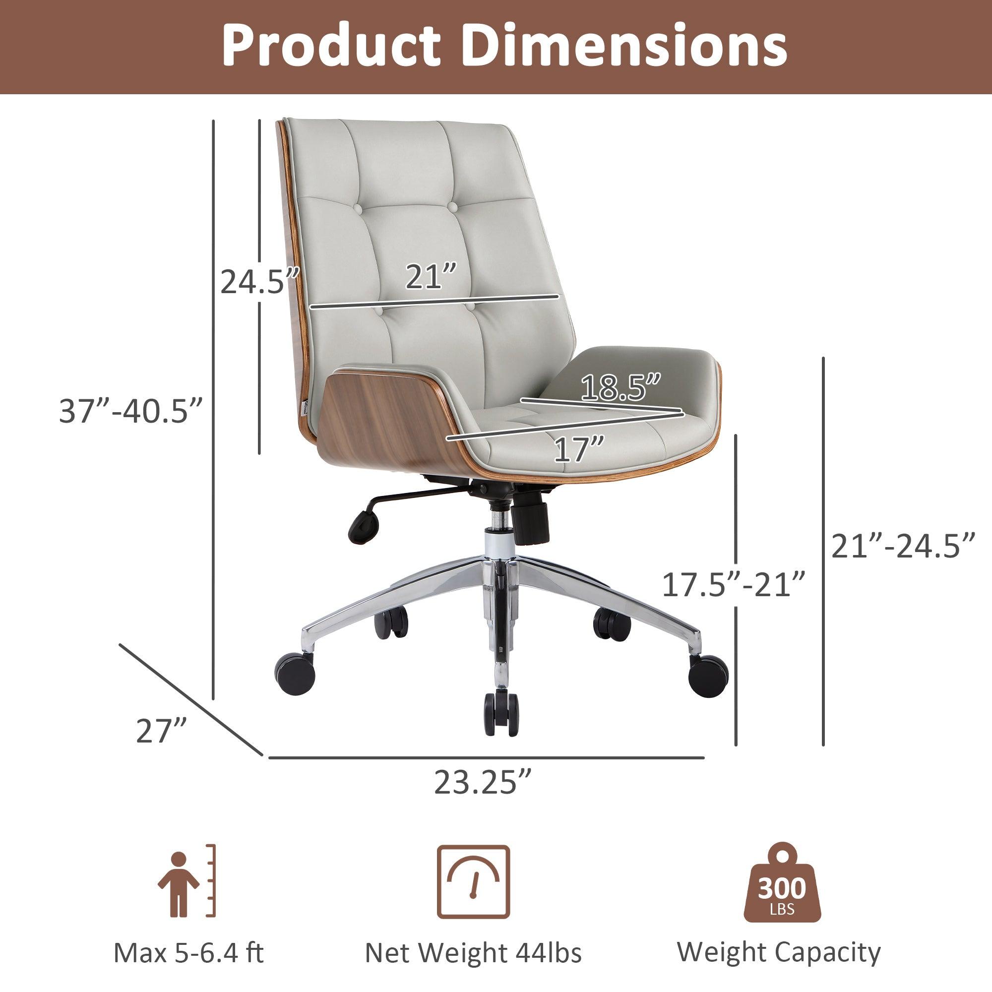 Executive Office Chair with Adjustable Height, Tilt Function, Solid Wood Arms and Base, 360° Swivel - Leather Office Chair for Office and Home Work in Grey - Bosonshop