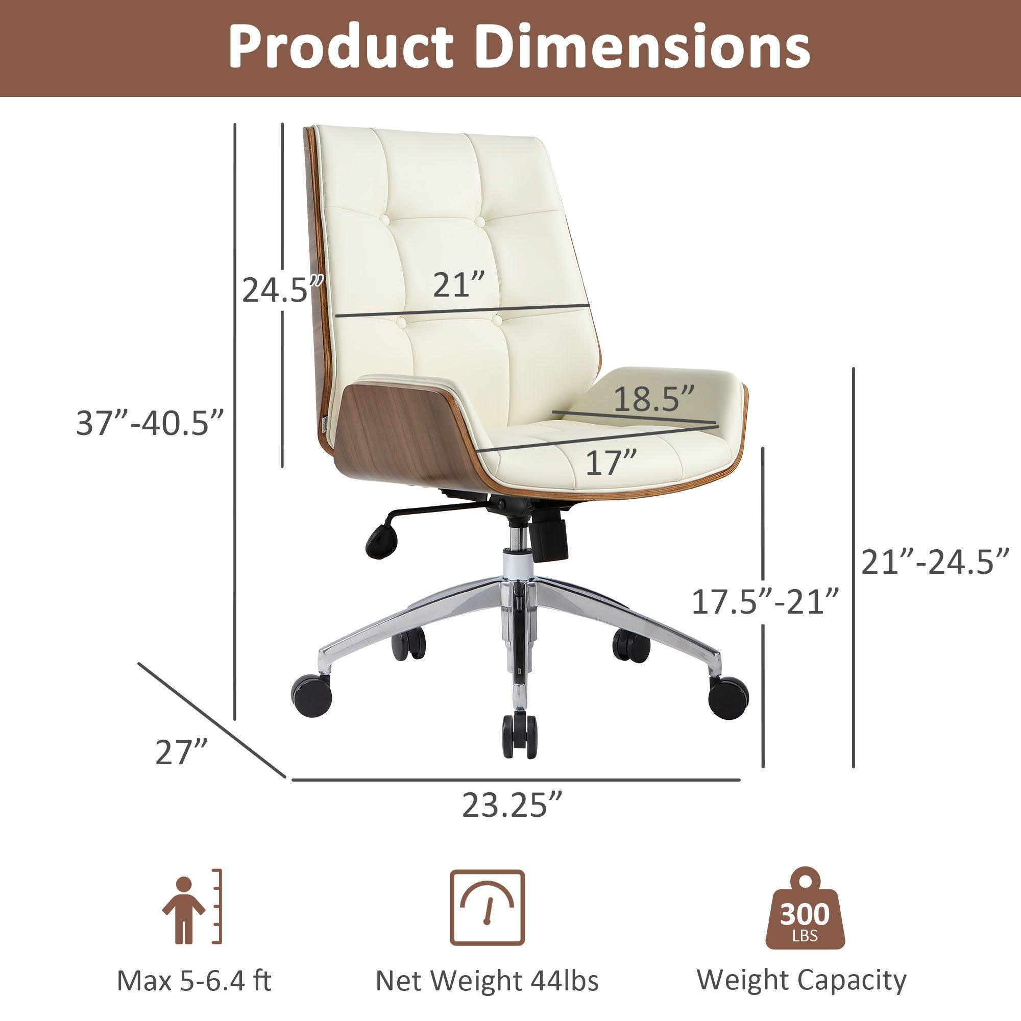 Executive Office Chair with Adjustable Height, Tilt Function, Solid Wood Arms and Base, 360° Swivel - Leather Office Chair for Office and Home Work in White - Bosonshop