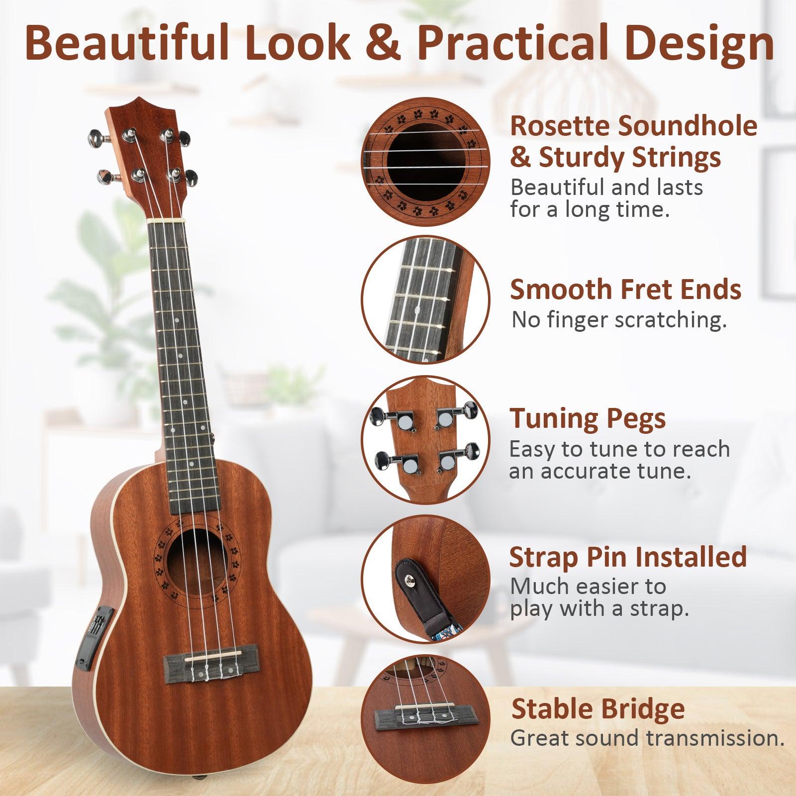 23-inch Mahogany Wood Ukulele, Wooden Electric Ukulele Starter for Adult Practice or Performance, with Tuner Tape and Full Accessories - Bosonshop