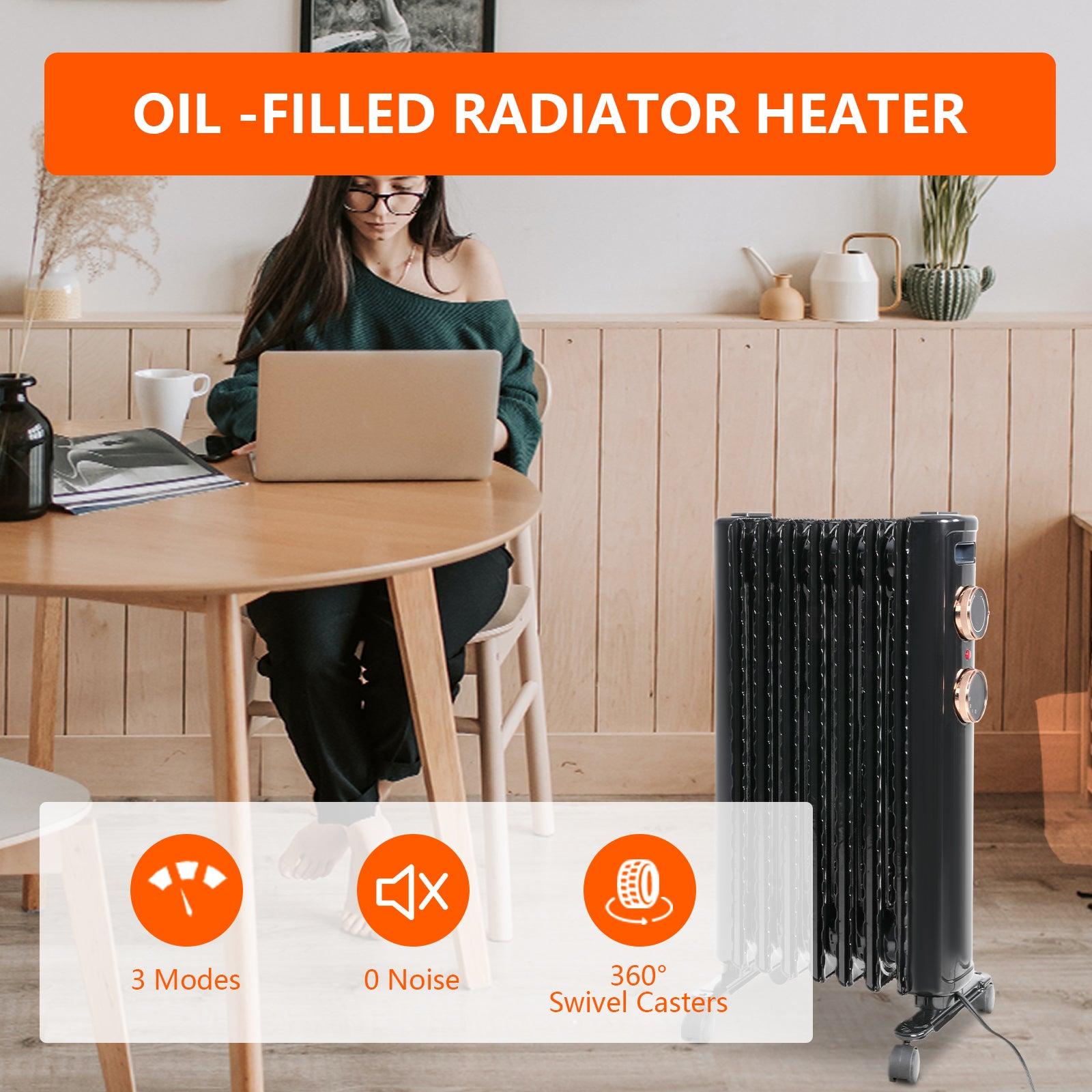 1500W Portable Electric Radiator Oil Filled Heater With 3 Heating Modes, Adjustable Thermostat, Black - Bosonshop