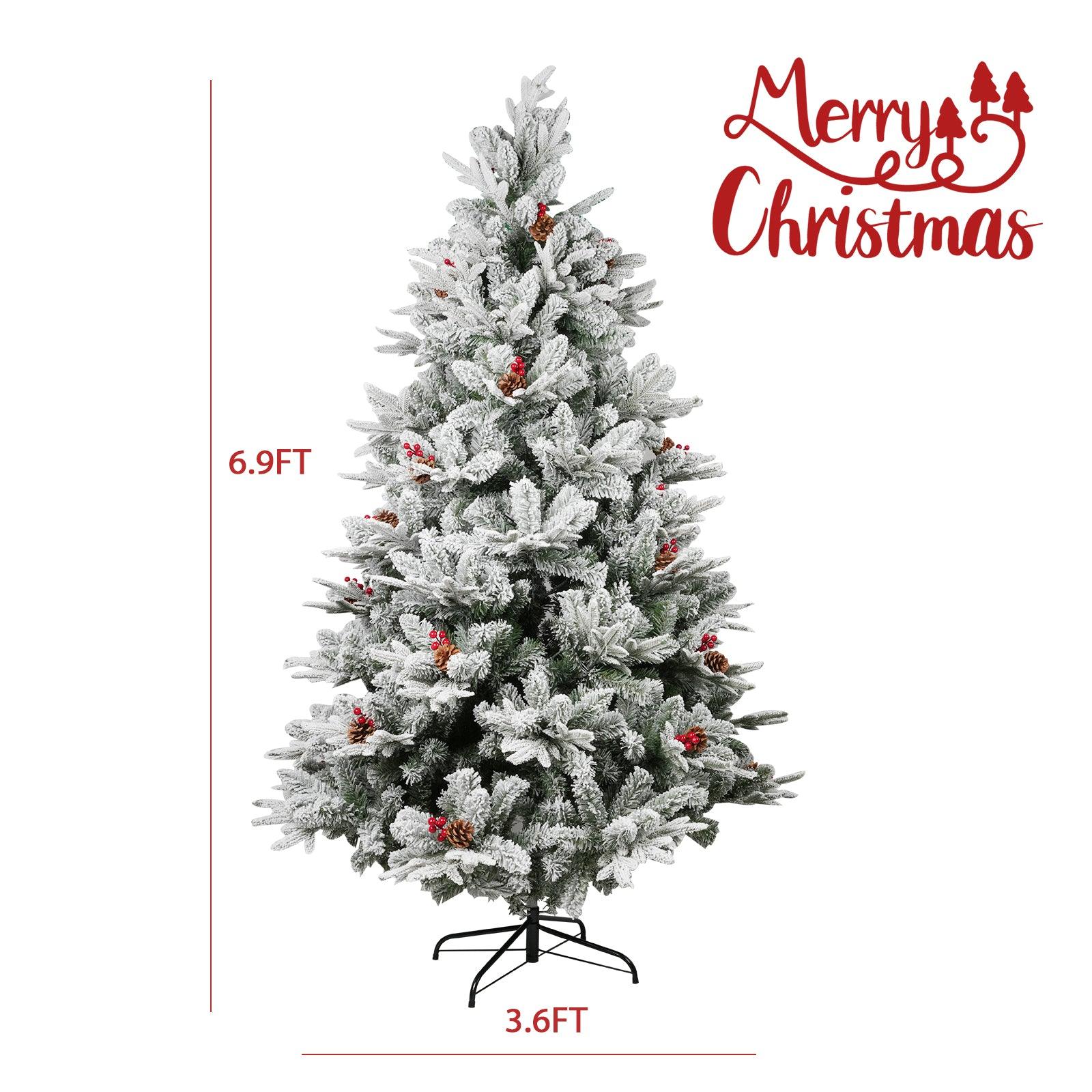 6.9' Artificial Christmas Tree Snow Flocked Xmas Tree with Pine Cones and Red Berries 1150 Branch Tips - Bosonshop