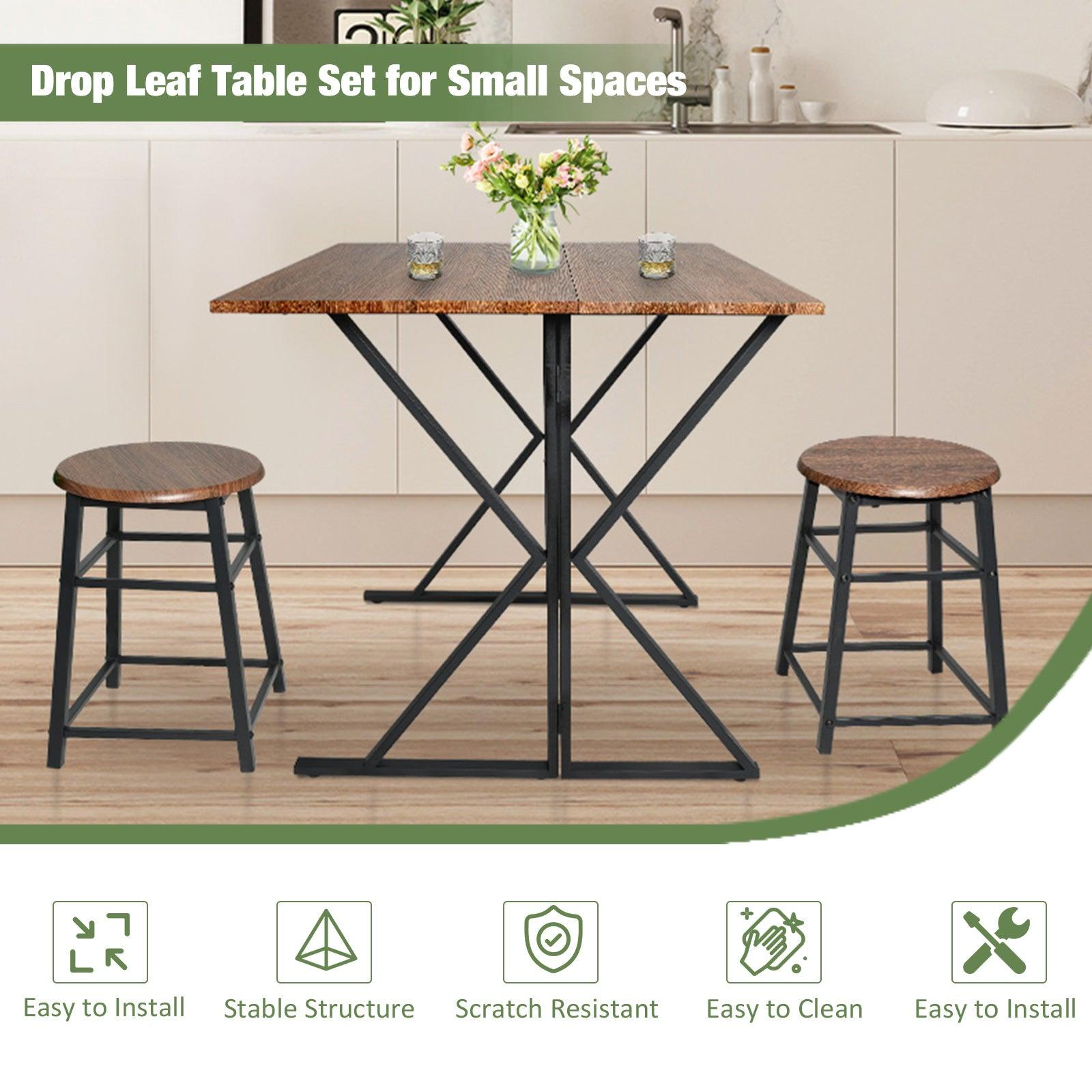 Mid Century Drop Leaf Table Set, 35.4" Drop Leaf Table for Small Space with 2 Stools - Bosonshop