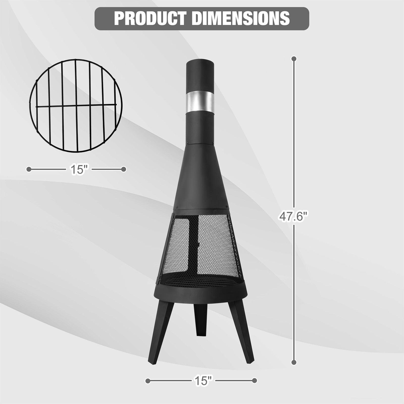 Chiminea Outdoor Fireplace 47.6" Metal Wood Burning Fire Pit with Log Grate, Black - Bosonshop