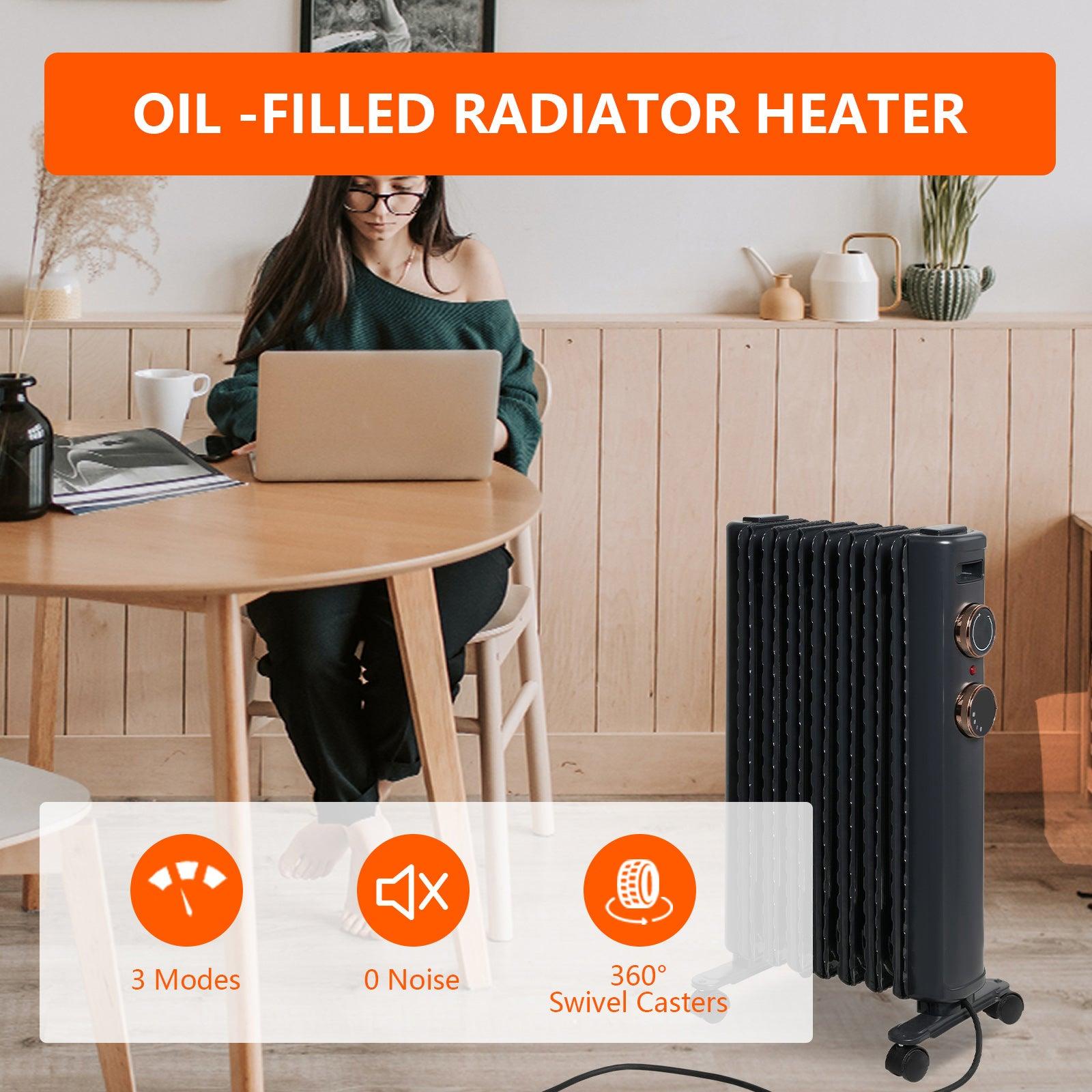 BOSONSHOP 1500W Portable Electric Radiator Oil Filled Heater With 3 Heating Modes, Adjustable Thermostat, Matte Black