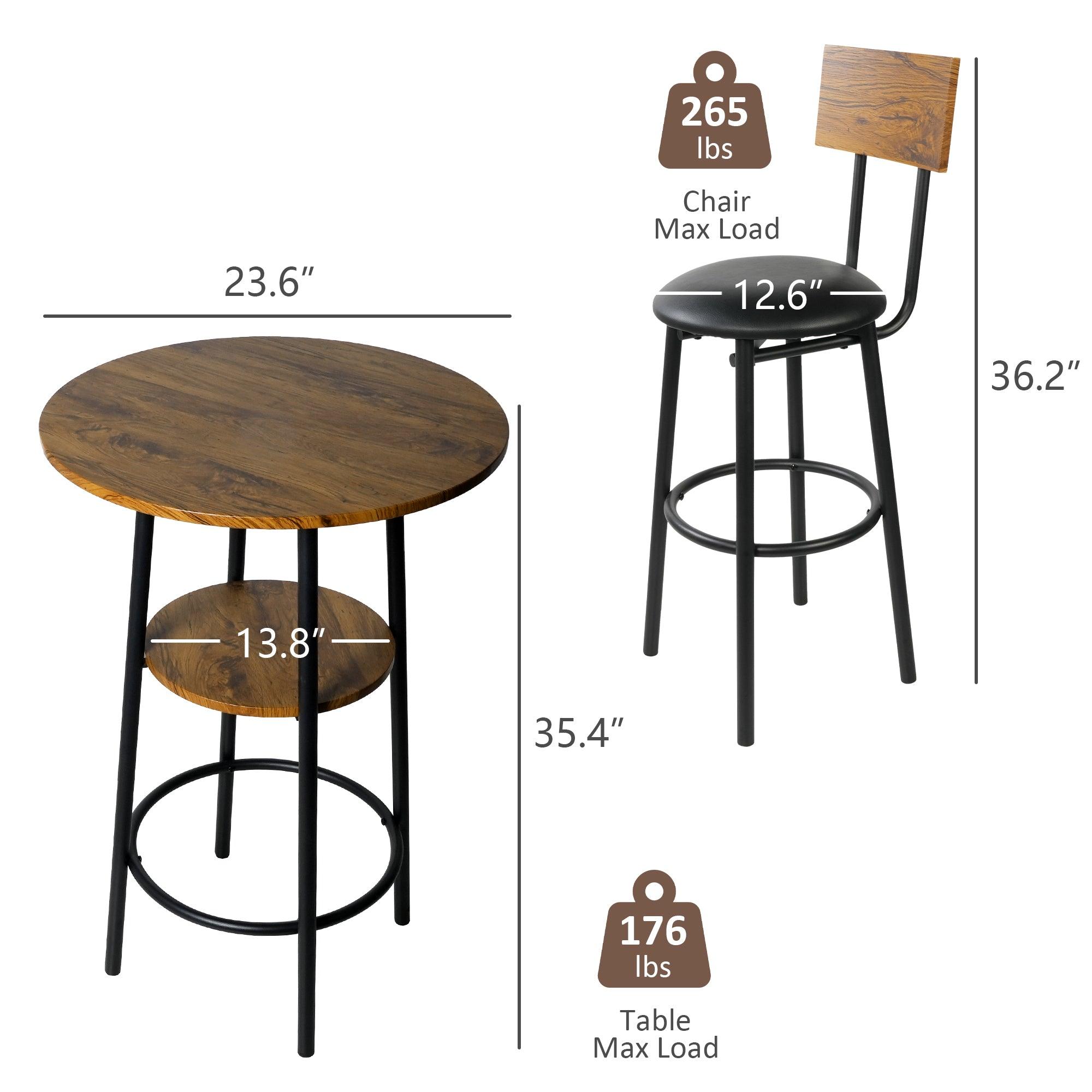 Round Bar Table and Chairs Set, 2-Tier Table and PU Upholstered Stools with Backrest - Bosonshop