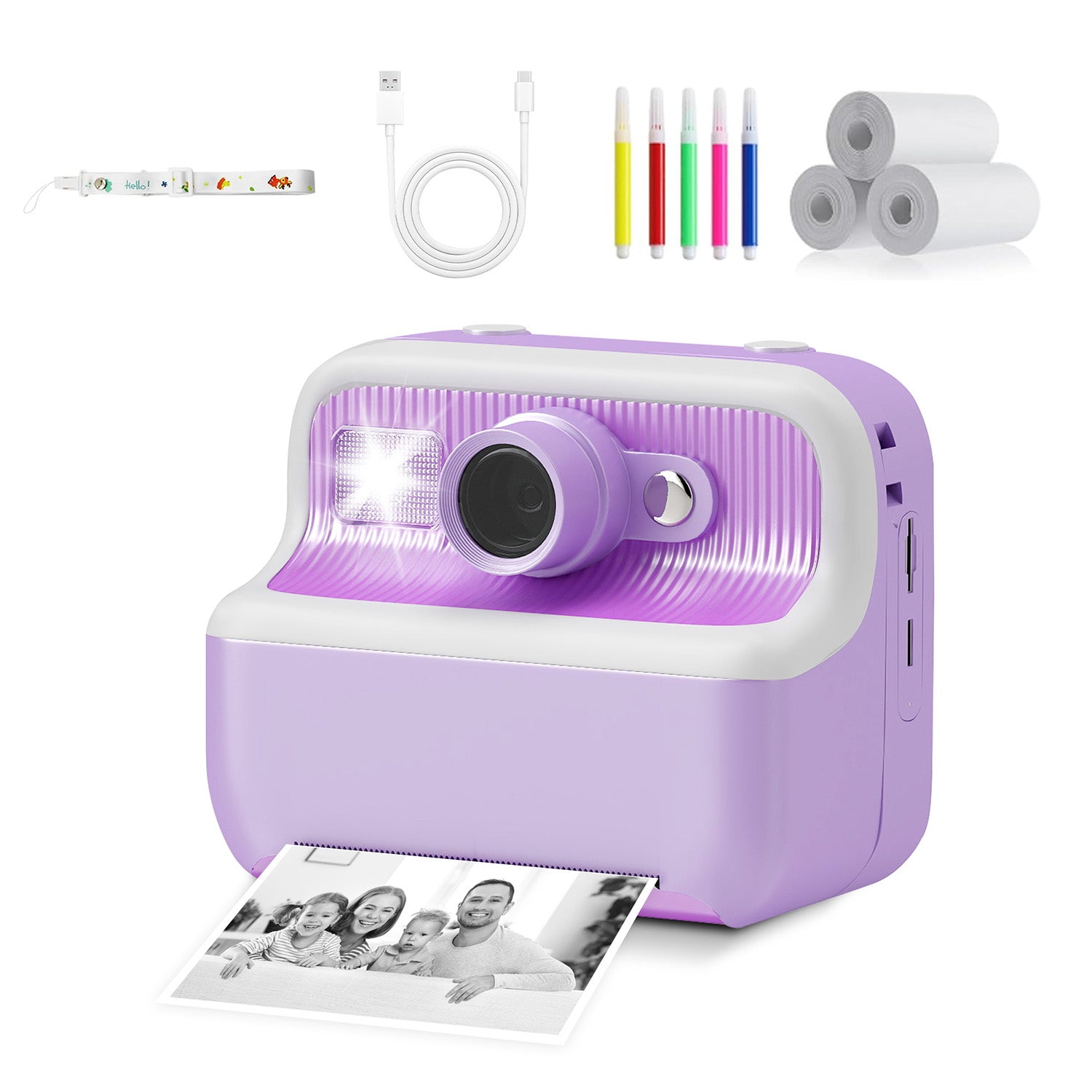 Instant Print Camera for Kids, Dual-Lens 48MP Digital Camera 2.4 Inch Screen with 3 Rolls Paper, Purple - Bosonshop