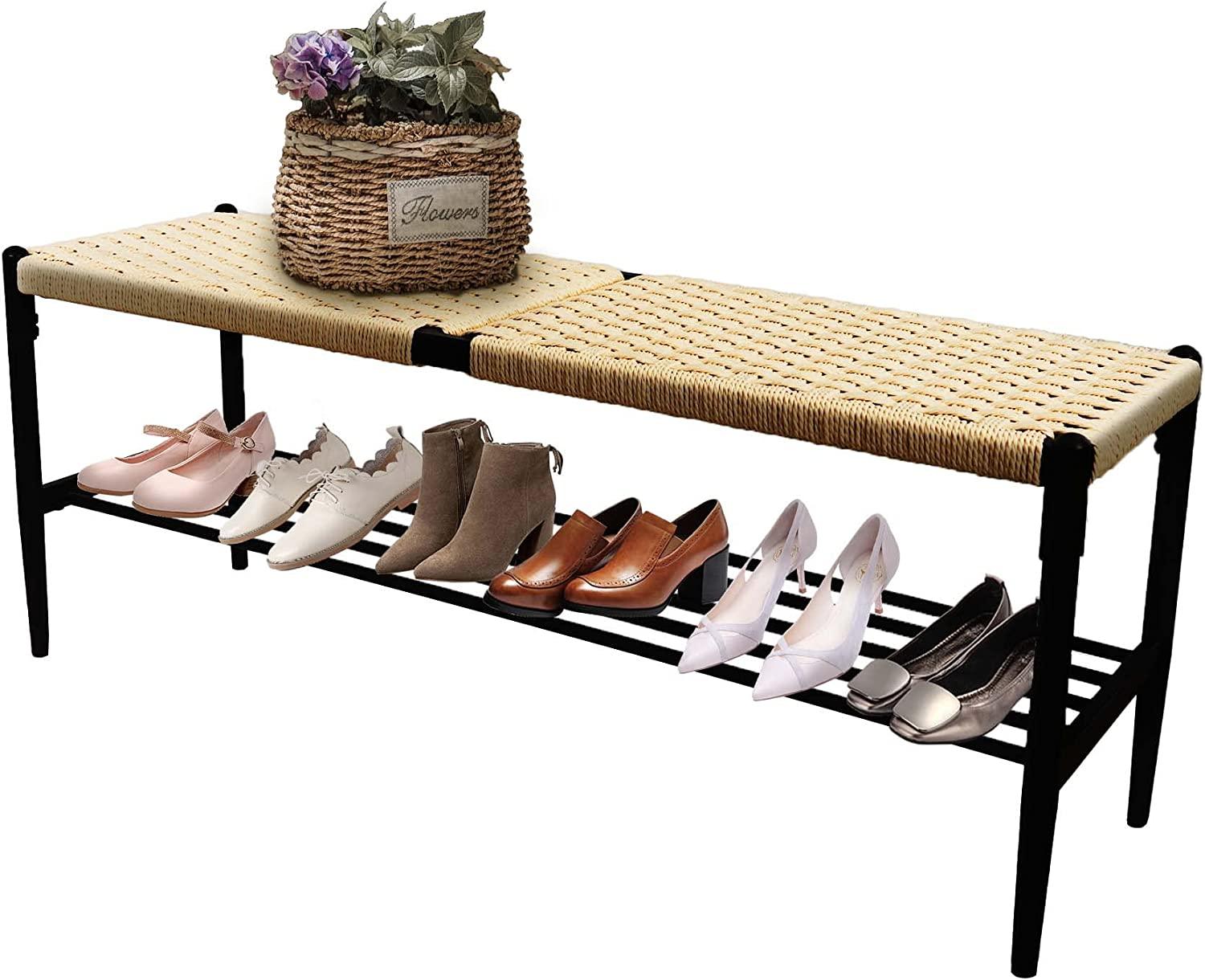 Hand Woven Surface Shoes Storage Rack Bench Stool with Metal Shelf, Black - Bosonshop