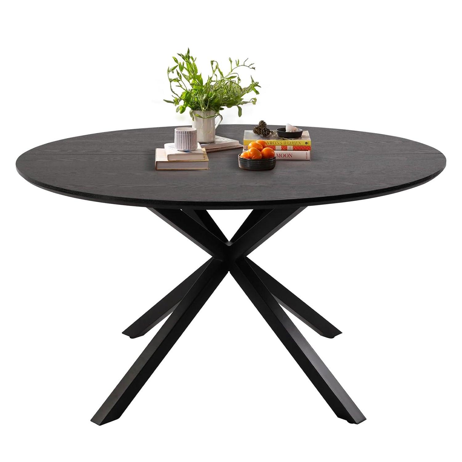 53" Mid-Century Modern Round Dining Room Table for 4-6 Person W/Solid Metal Legs, Black Wood Grain - Bosonshop