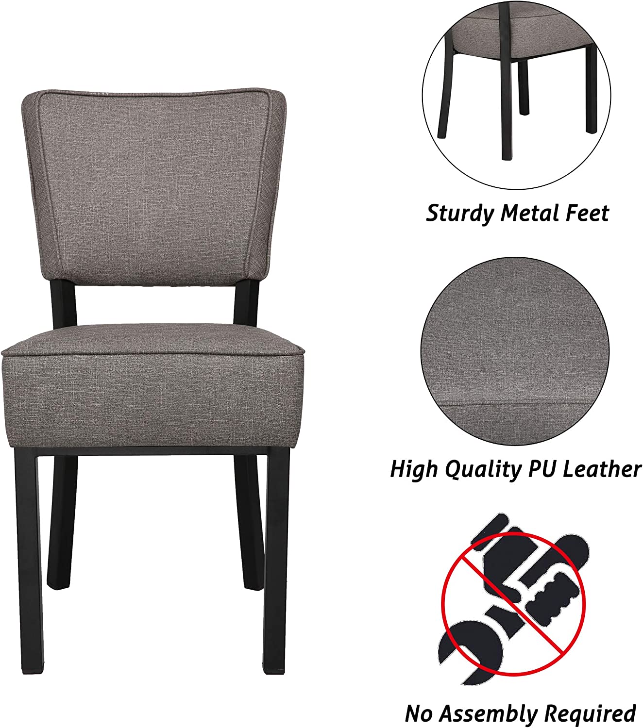 Classic Dining Chair Set of 2, Modern Style Family Leisure Chair with Stainless Steel Legs, PU Leather Mid Back Side Chair, Gray - Bosonshop