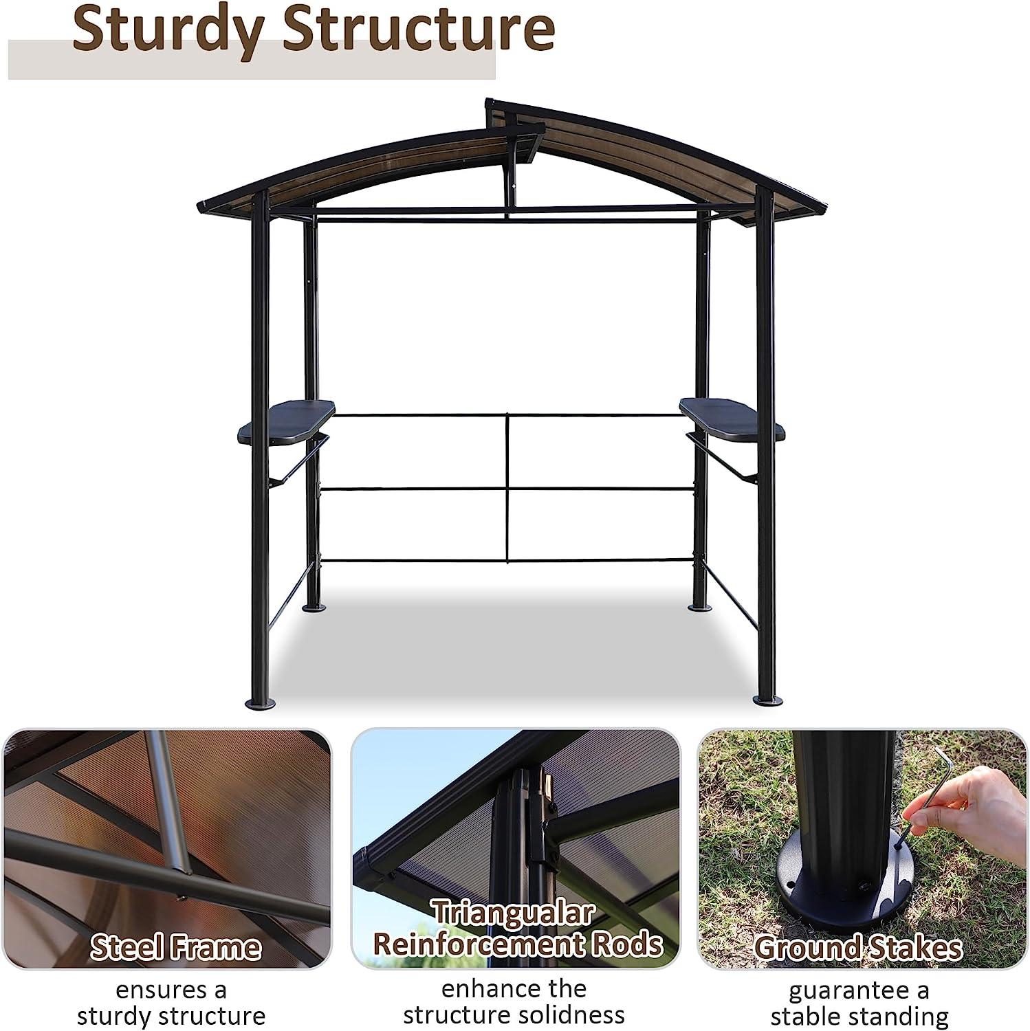 8' x 5' BBQ Patio Canopy Gazebo, Grill Gazebo with Interlaced Polycarbonate Roof, 2 Side Shelves & Hanging Rods - Bosonshop