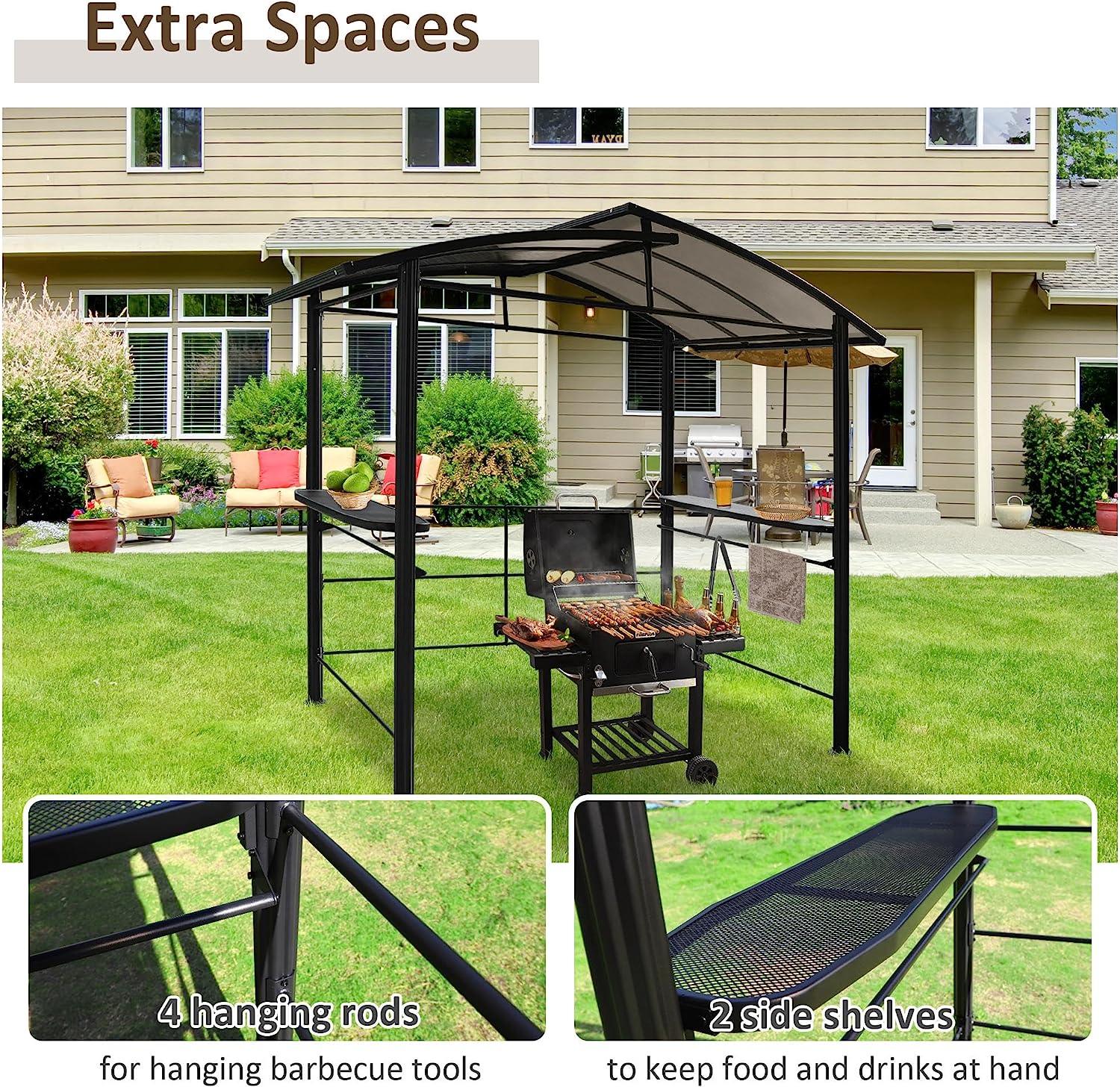 8' x 5' BBQ Patio Canopy Gazebo, Grill Gazebo with Interlaced Polycarbonate Roof, 2 Side Shelves & Hanging Rods - Bosonshop