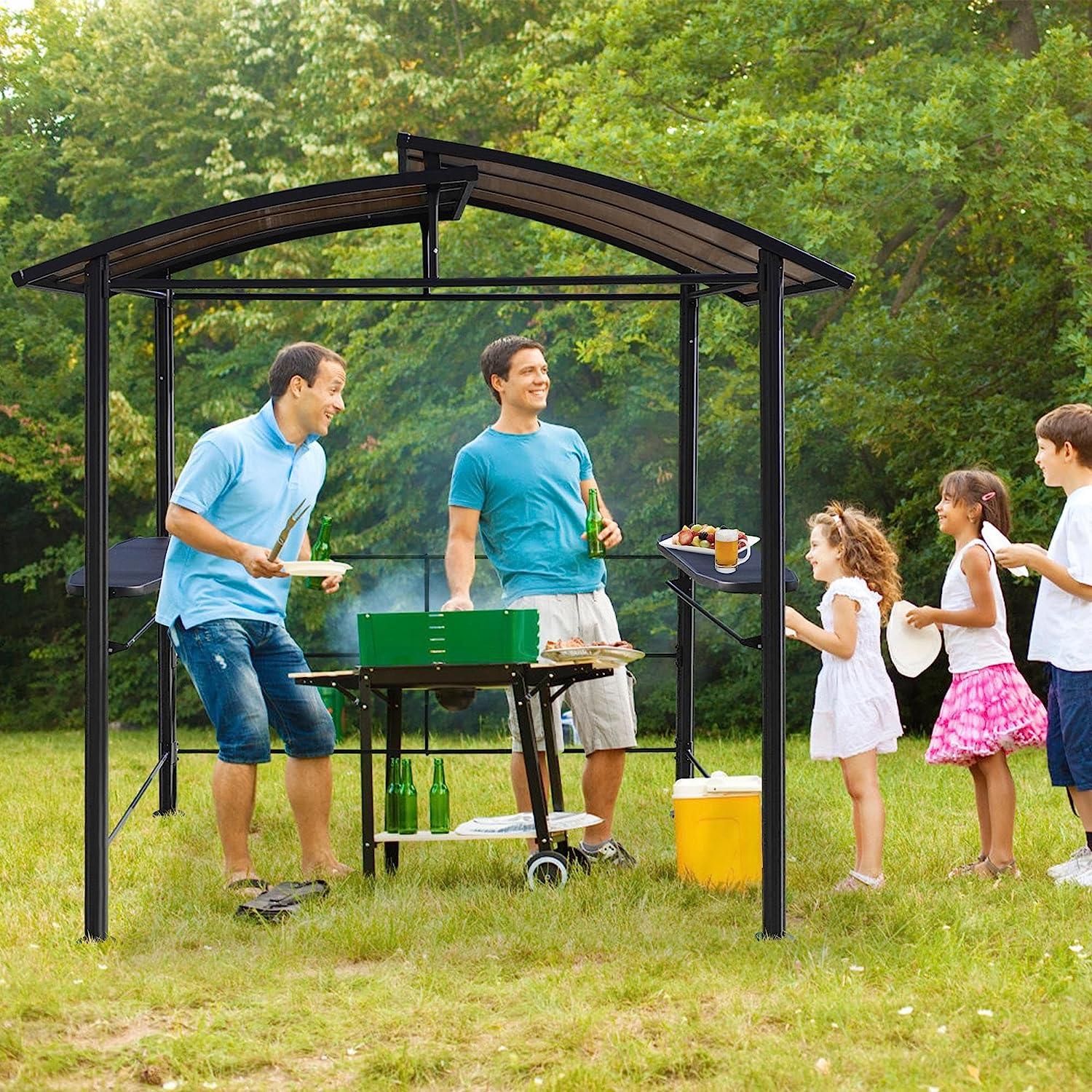 8' x 5' BBQ Patio Canopy Gazebo, Grill Gazebo with Interlaced Polycarbonate Roof, 2 Side Shelves & Hanging Rods - Bosonshop