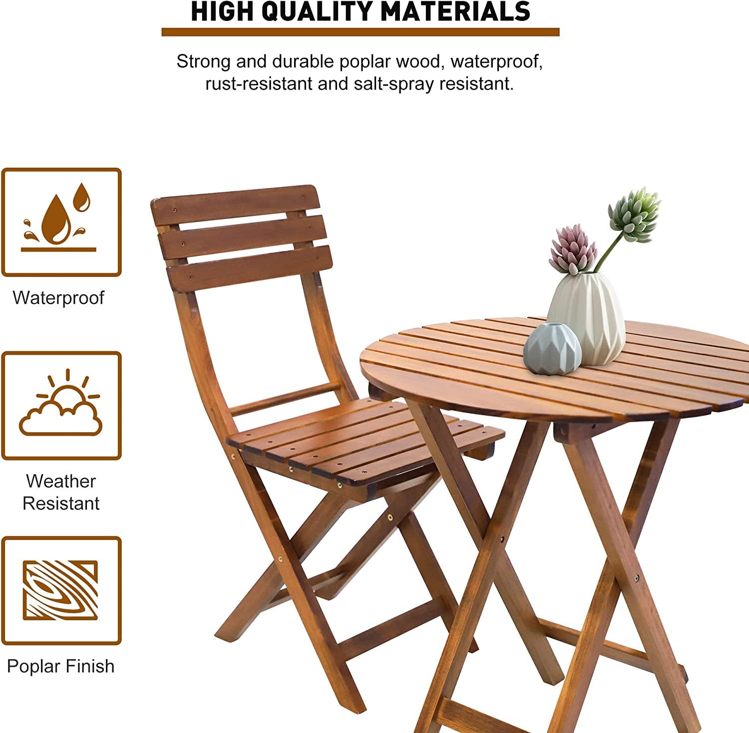 3-Piece Outdoor Wood Round Bistro Set, Patio Folding Furniture Set - Bosonshop